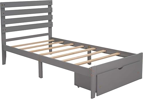 Miniatura 6 de Merax Base de cama individual con cabecero, base de cama de madera tamaño individual con cajón de almacenamiento debajo de la cama sobre ruedas,