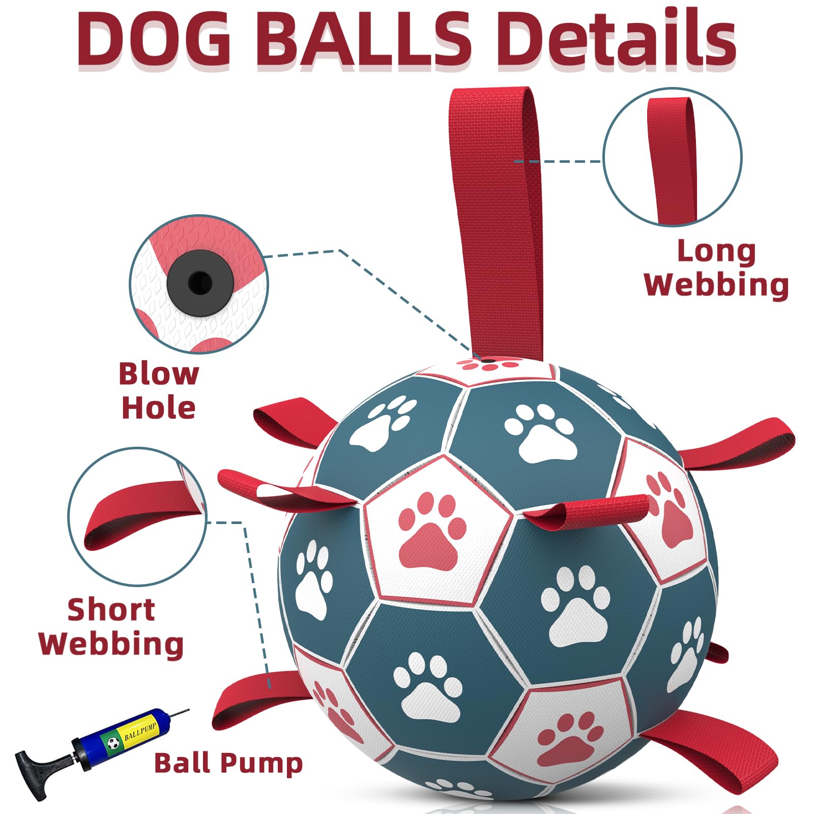 HETOO Dog Soccer Ball, Interactive Dog Toys for Tug of War Water Toy, Durable Balls for Medium & Large Blue Red (8 inch) - Image 3