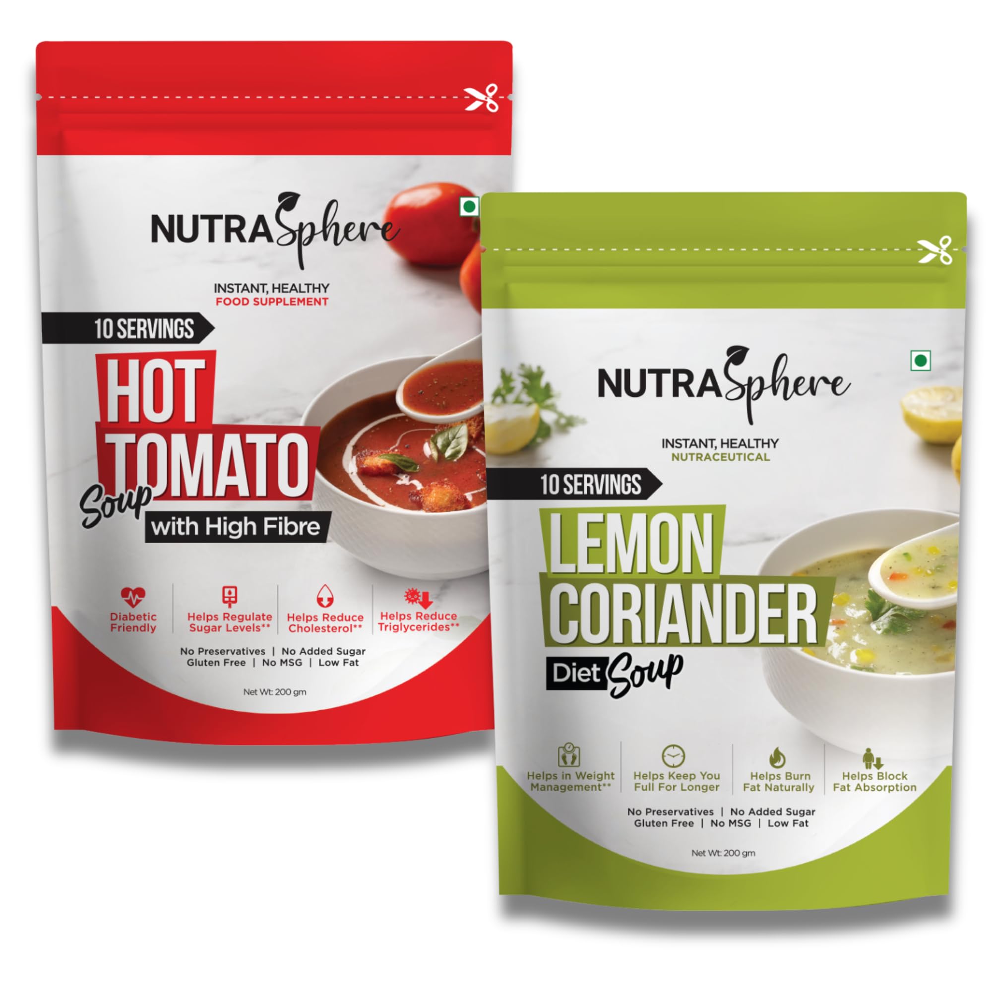 NutraSphere Diet Lemon Coriander, Tomato Soup Packets Combo. Weight Management, High Fibre, Diabetic Friendly (Instant, No MSG, Preservative Free, Sugarfree, Gluten Free)- 10 Sachets Each