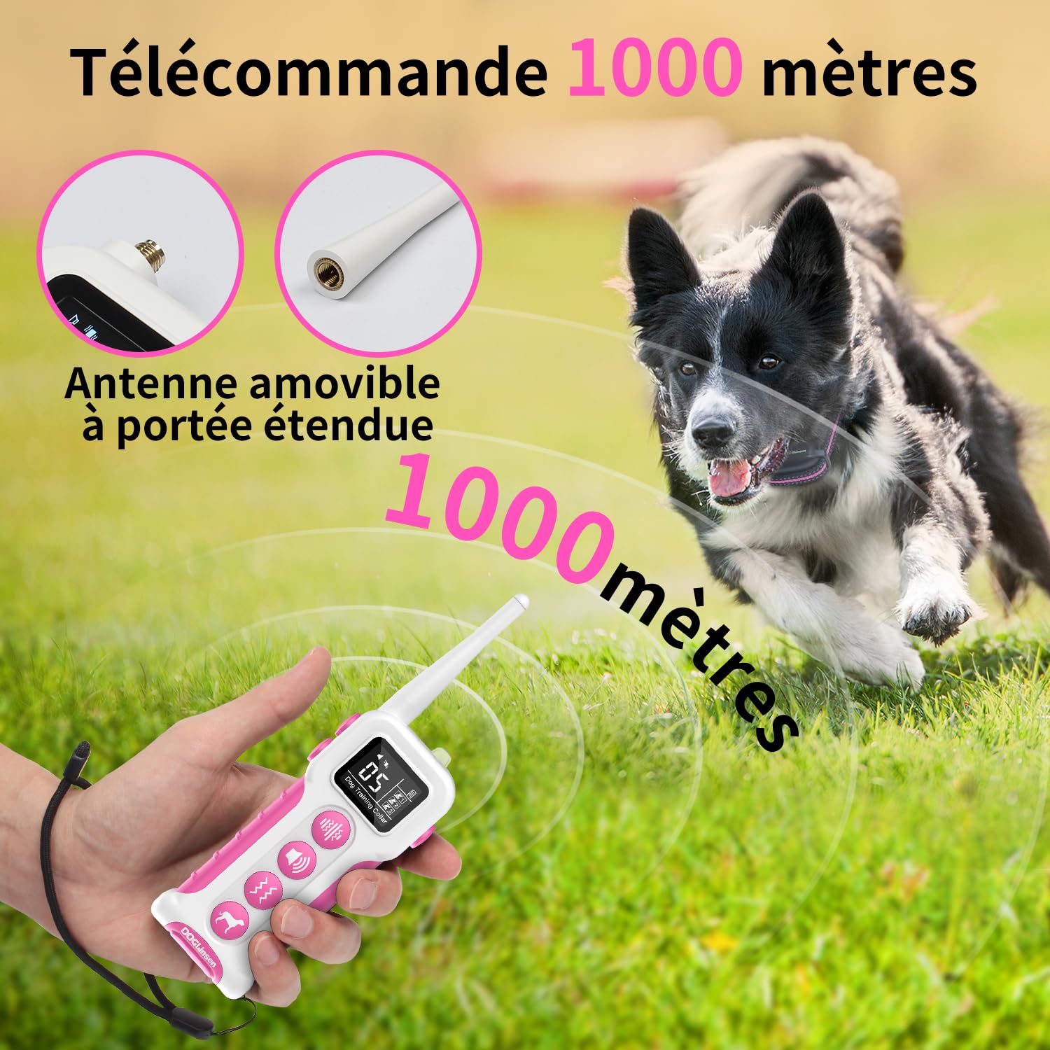 Collier de Dressage pour Chiens, Collier Vibrant pour Chien sans Choc, Portée 1000m, Étanche IP67, Batterie Longue Durée avec Adapté pour Chien Petit, Moyen et Grand