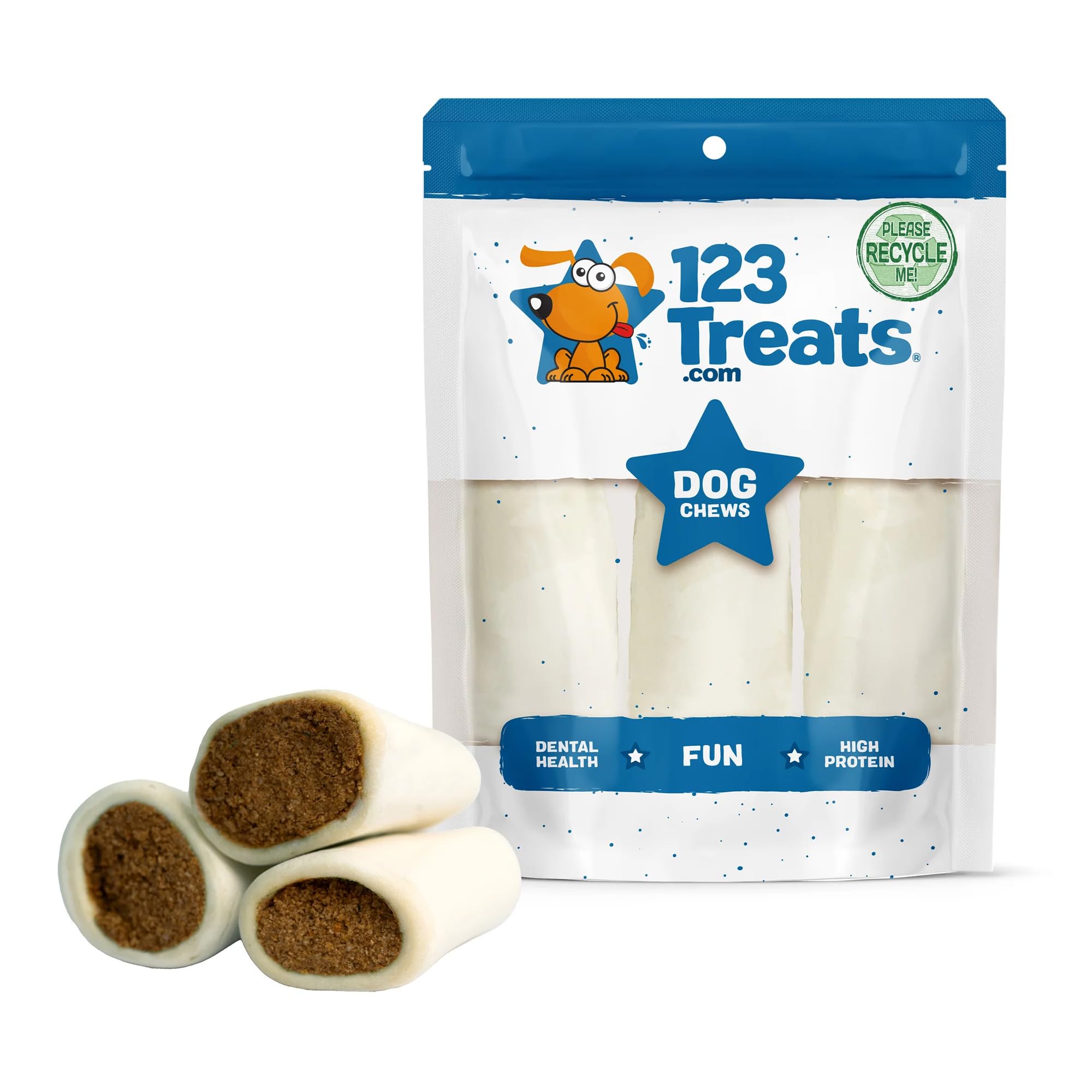 123 Treats Peanut Butter Filled Bones for Dogs (2 Count) Long Lasting PB Dog Chews - Stuffed Shin Bones, 5 to 6” Individually Shrink Wrapped