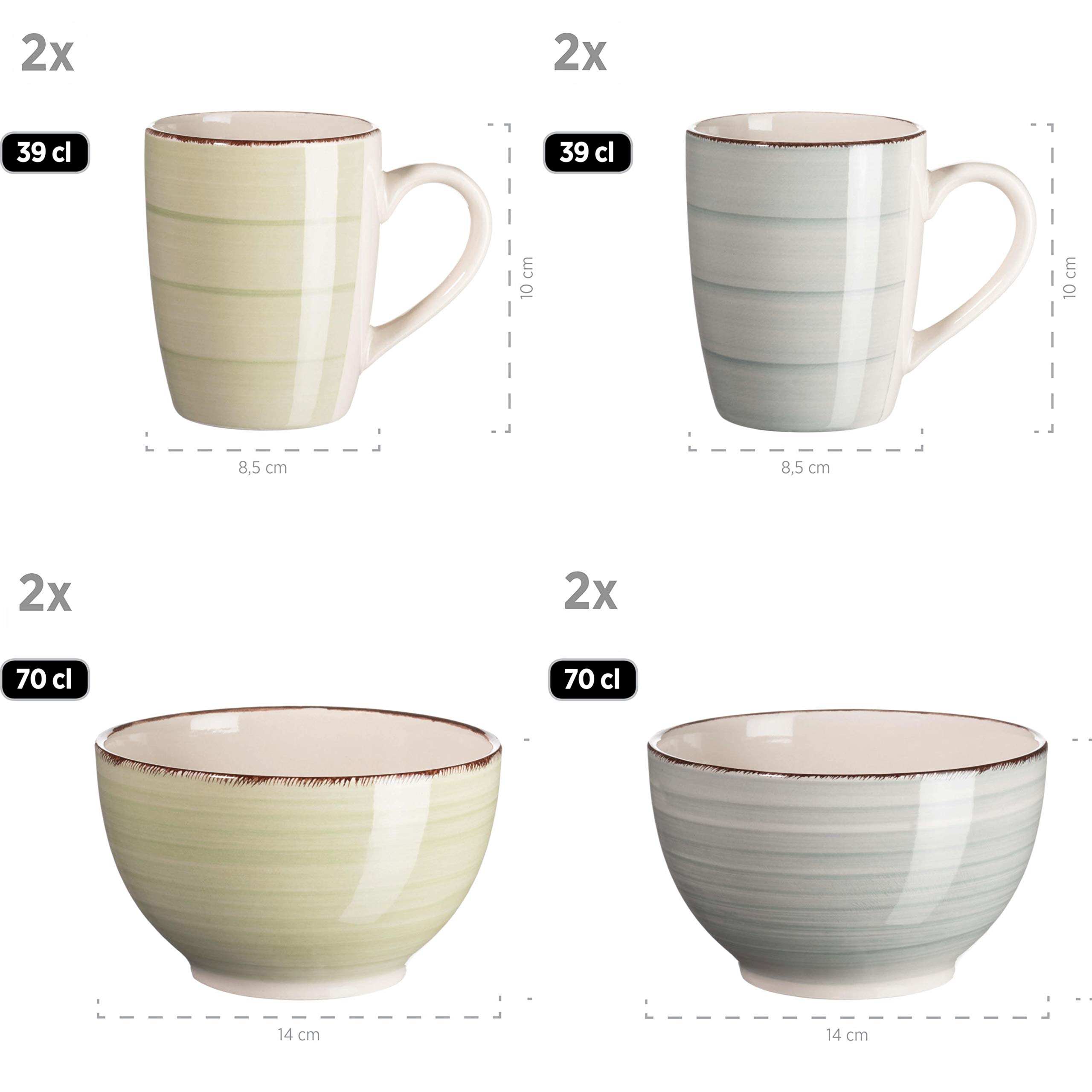 MÄSER 931603 Bel Tempo II 16-delige vintage serviesset voor 4 personen, blauw, handbeschilderd keramisch combiservies, aardewerk, rookblauw/groen