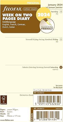 Miniatura 1 de Filofax Recambio de diario de calendario, tamaño personalcompacto, semana a vista, papel crema de algodón, sin rayas, multilingüe cinco idiomas,