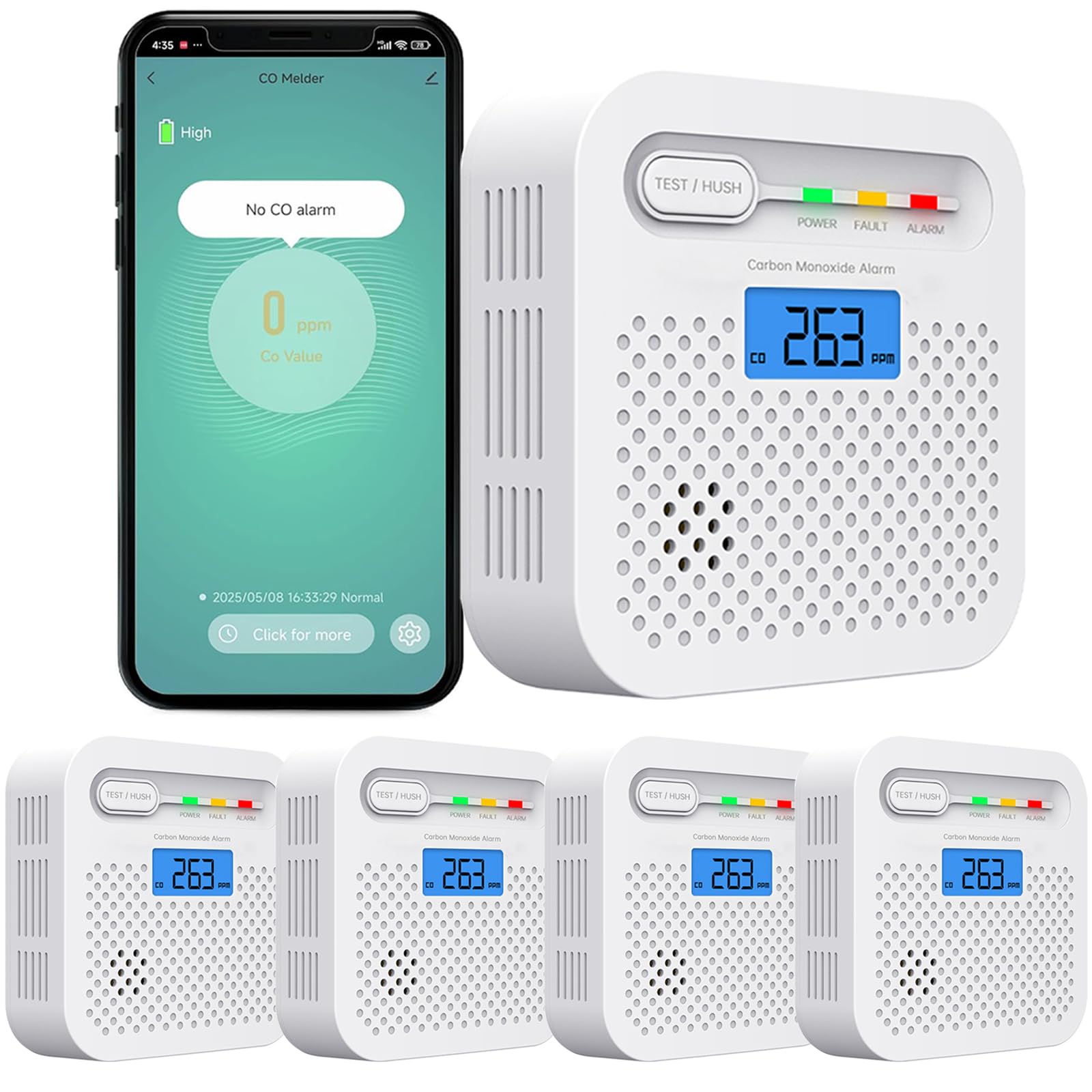 WLAN Kohlenmonoxidmelder mit App, CO Melder ohne Hub, Echtzeit-Benachrichtigung aufs Handy, 10 Jahre Batterie, EN 50291 Geprüft, LCD Display, 85 dB Alarm, Kohlenmonoxid Warnmelder für Zuhause, 4 Stück