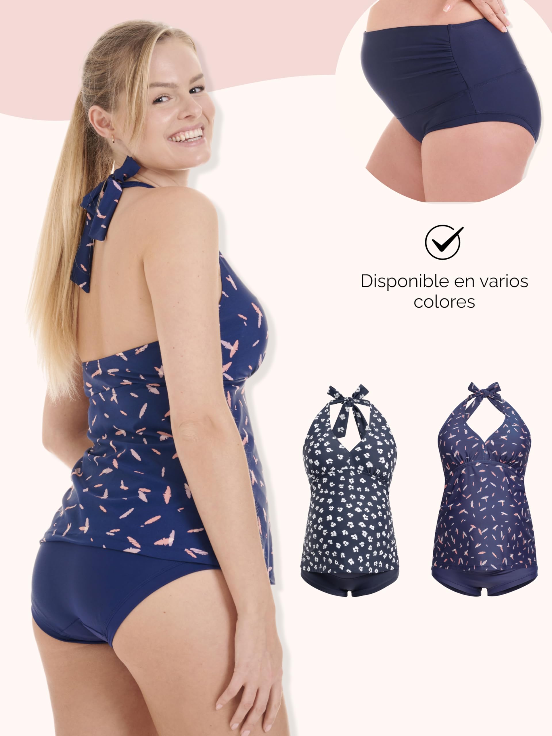Herzmutter Neckholder - Tankini de Maternidad -Traje de baño de Dos Piezas para Mujeres Embarazadas - Overpants - Panty - Patrón de Rayas Liso - Oversize - Protección UV 50-7100
