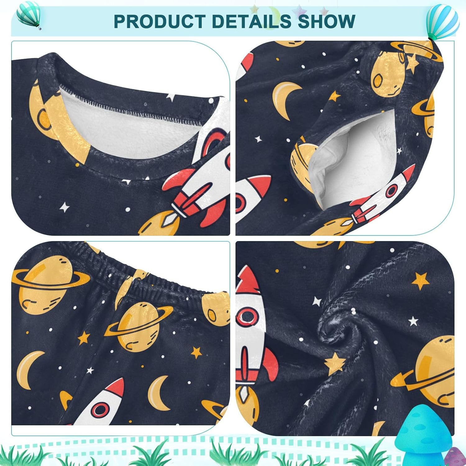 Kids Flannel Sets Rocket Moon Space Warm Plush Relaxed Clothing for Boys and Girls