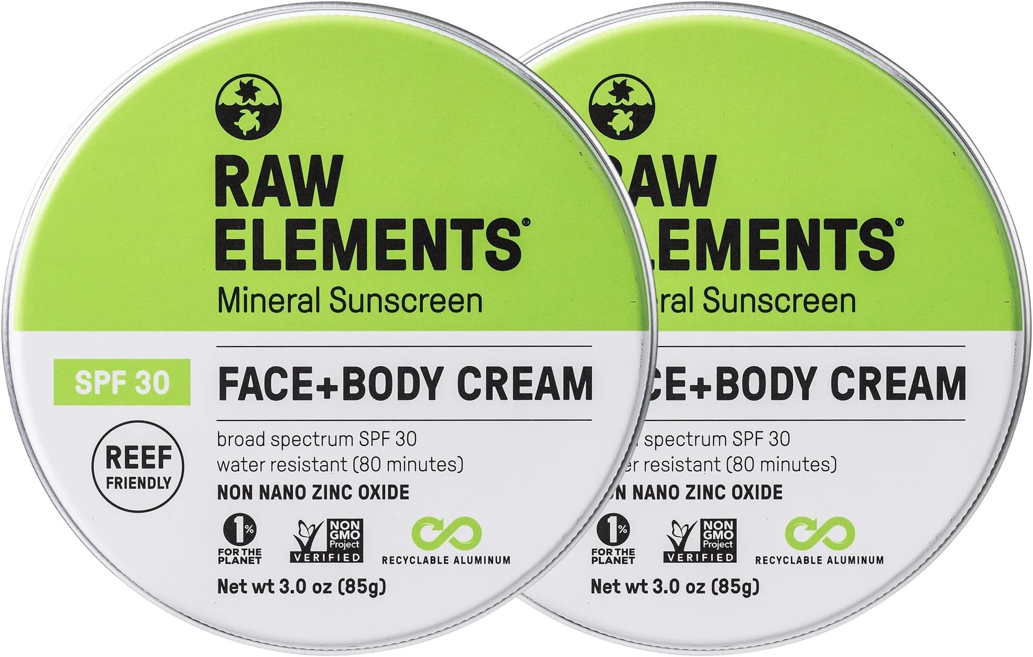 Raw Elements Face and Body Mineral Sunscreen SPF 30 Tin, 3 oz (2-Pack) | Organic sunblock for daily protection with a reef-safe, water-resistant, cruelty-free, plastic-free formula.