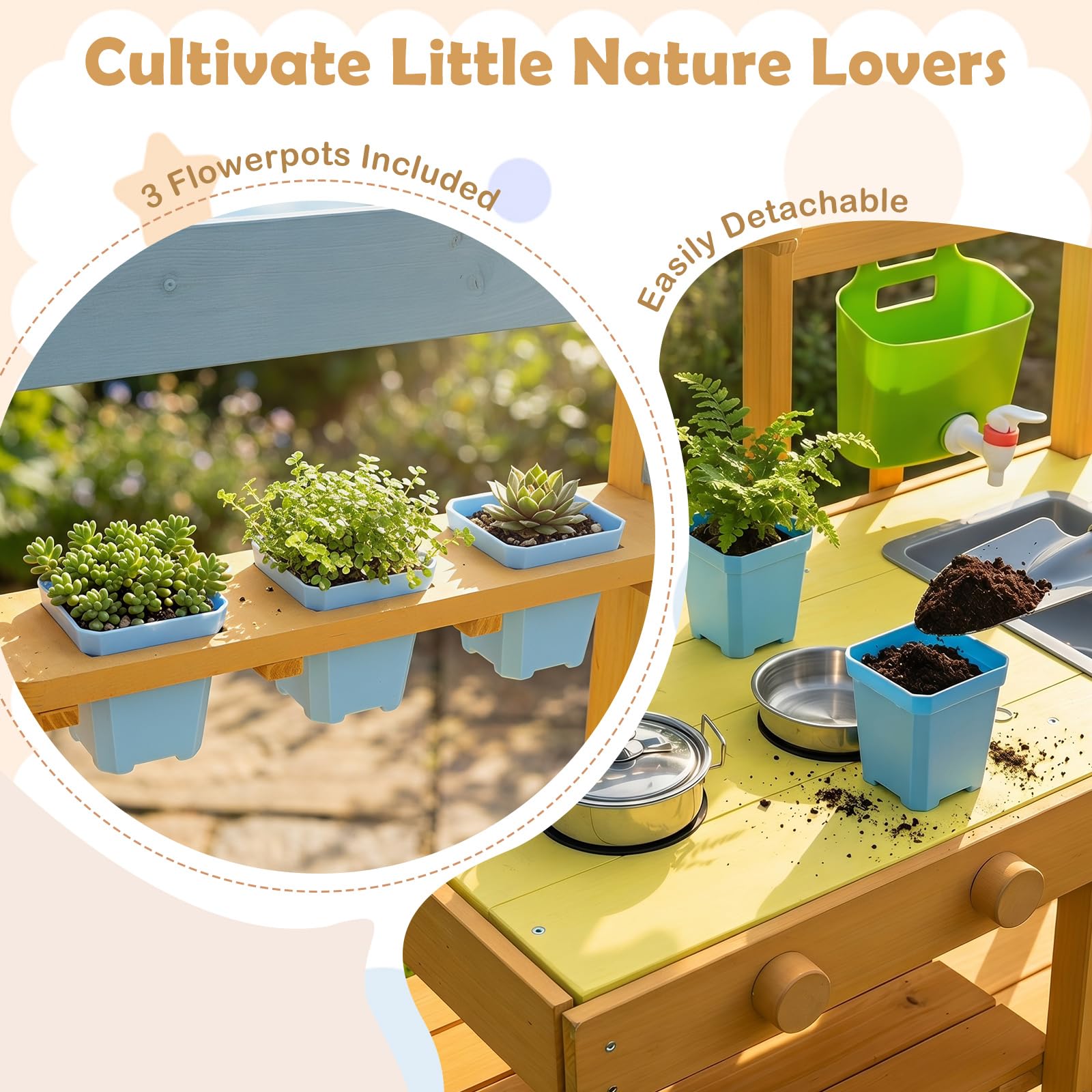 COSTWAY Matschküche Kinder Outdoor, Spielküche mit Wassertank & Wasserhahn | Kinderküche mit Rädern, Spüle, 3 Blumentöpfen, Herd & Kochzubehör, Gartenspielküche für Kinder ab 3 Jahren