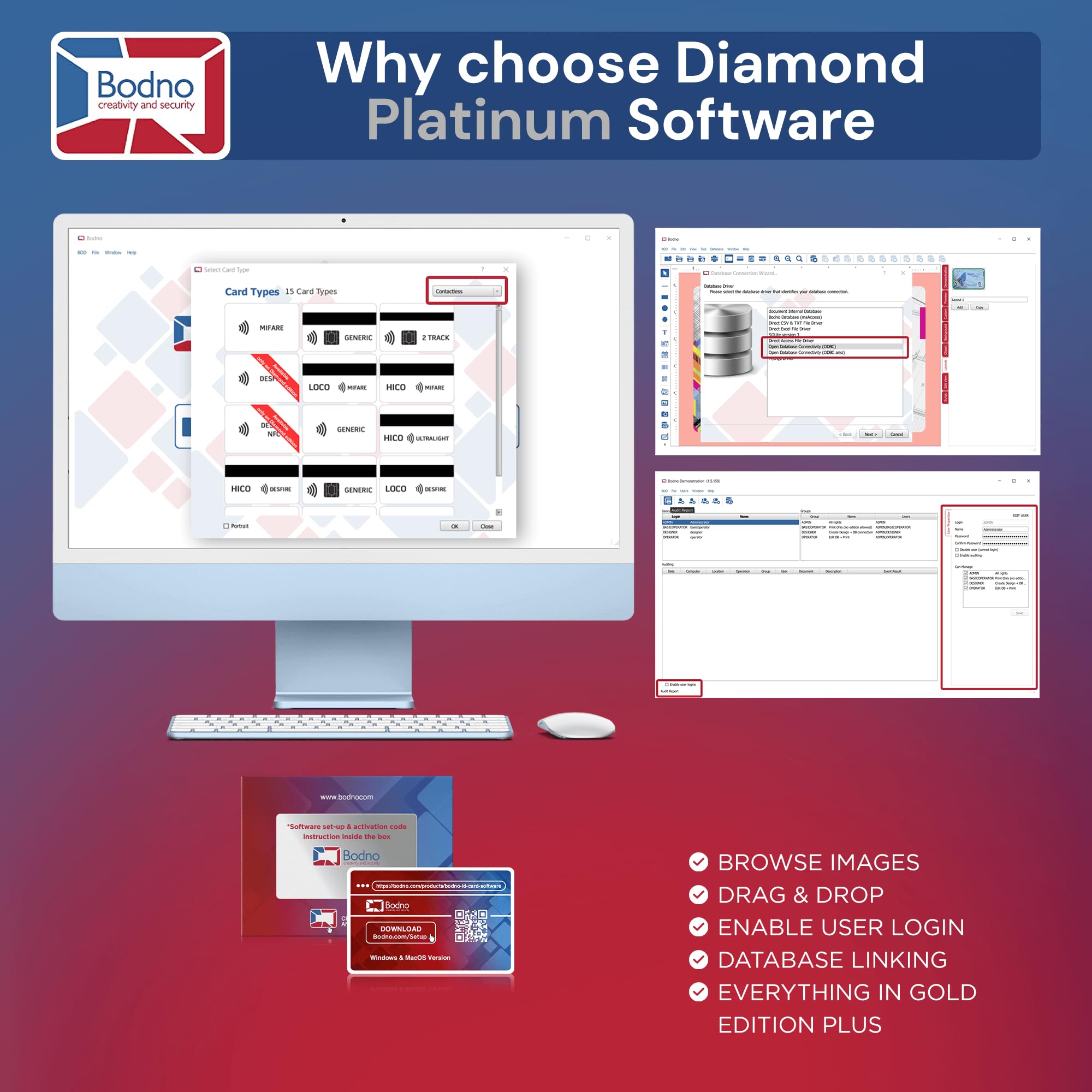 Bodno Programa de Software tarjeta de identificación para PC y Mac - Diseño e impresión de fotos con tarjetas de identificación y tarjetas de regalo/Fidelidad Platinum Edition