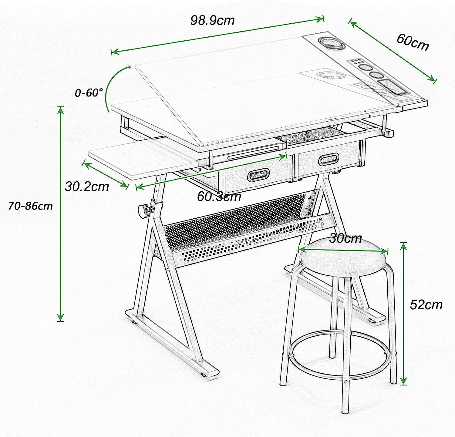 SogesHome Zeichentisch mit Hocker Maltisch Verstellbarer Schreibtisch neigbar Architektentisch Schreib und Zeichentischf ür Kunst Schreibtisch zum Zeichnen Design, Schreiben, Malen, Basteln