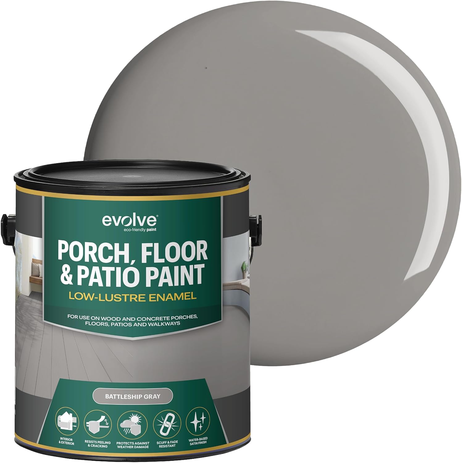 EVOLVE Battleship Gray Porch & Floor Paint 1 Gallon - Durable Scratch-Resistant Low VOC Interior Exterior Coating