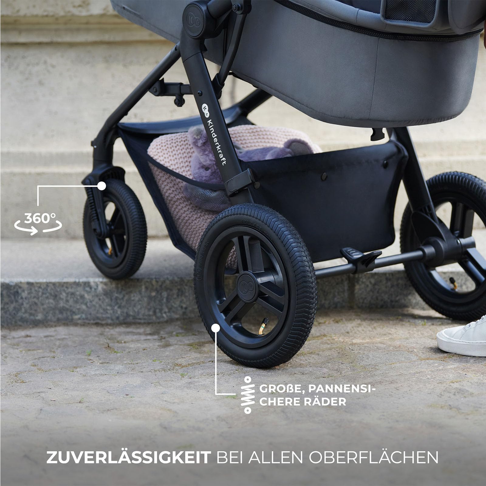 Kinderkraft MOOV 2 XL AIR Kinderwagen 3 in 1 Kinderwagenset bis 27 kg mit Kindersitz I-SIZE 40-75 cm, Große aufblasbare Räder mit Dämpfung, Verwandelbarer 2-in-1 Sitz, Babywanne, Zubehörsatz, Schwarz
