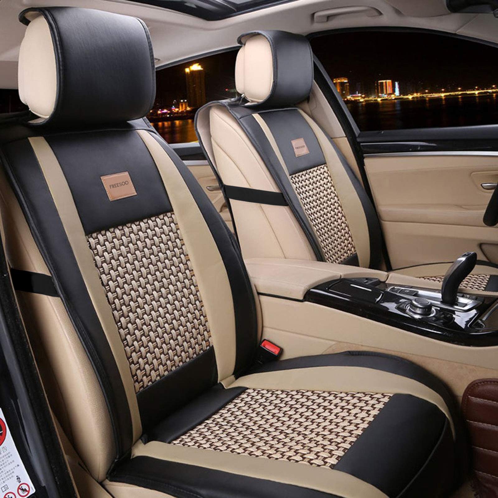 Car Seat Cover Cushions PU Leather, FuriAuto Front Rear Full Set Car Seat Covers for 5 Seats Vehicle Suitable for Year Round Use(Khaki Black)
