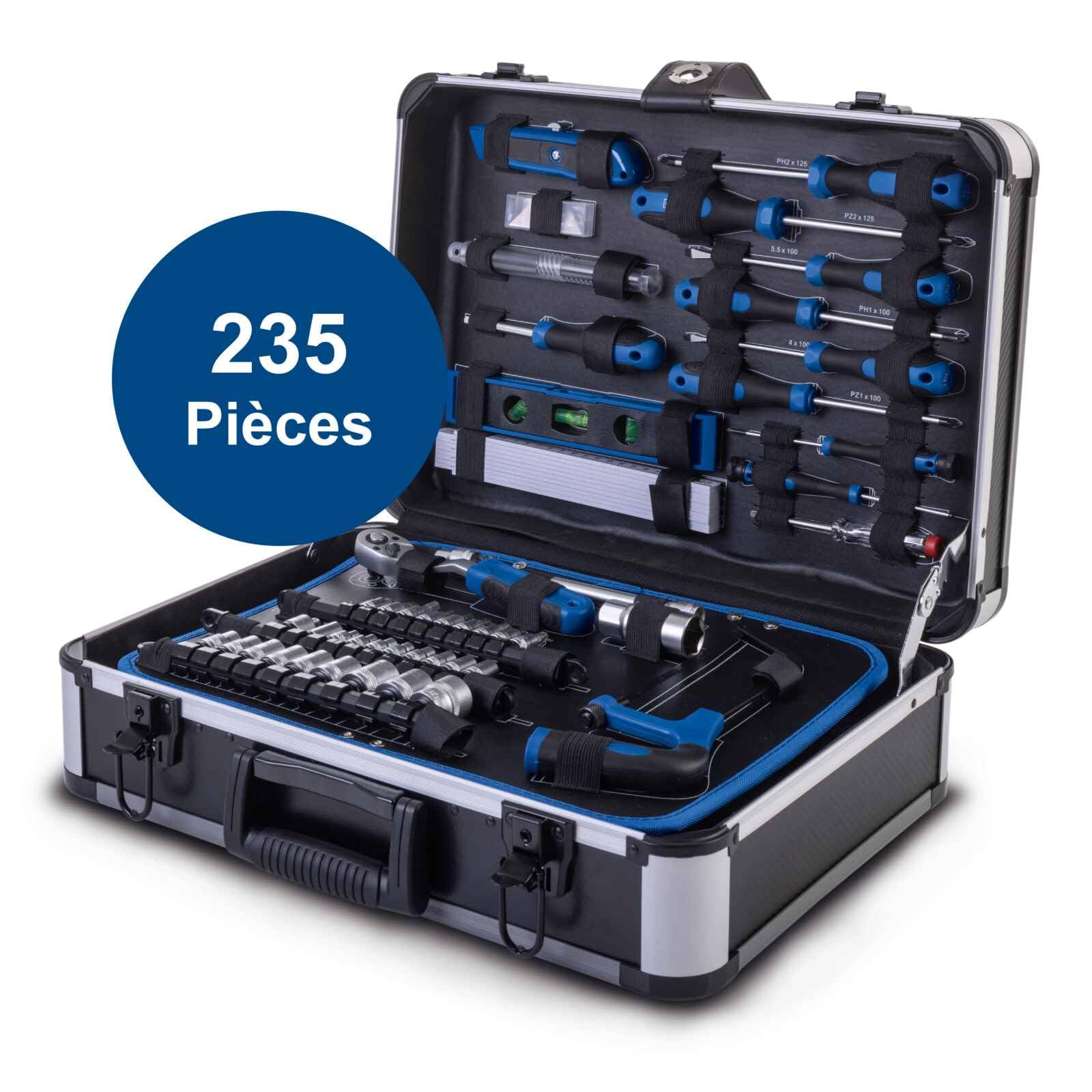 Scheppach Mallette à outils TB225 – Valise à outils – Coffret outils – Boîte à outils – Caisse à outils - Boîte de rangement - 235 pièces – En chrome vanadium - Idéal pour l'atelier