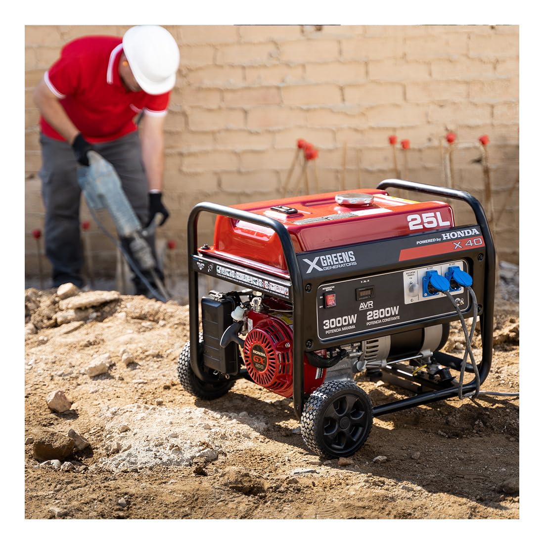Generador de corriente (gasolina) X40 (máx. 3.000W, depósito 25 l, AVR, Powered by Honda, ruedas, alerta aceite, monofásico, 2 tomas 230V, protección térmica y panel digital)