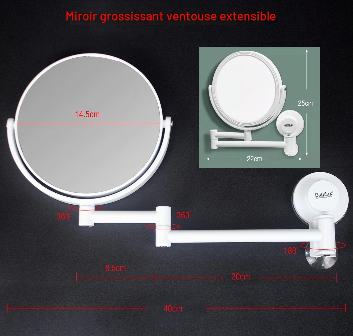 MASMAS Miroir maquillage mural de salle de bain grossissement 1 x 2 x cosmétique double face 360 rotatif, avec ventouse Installation facile