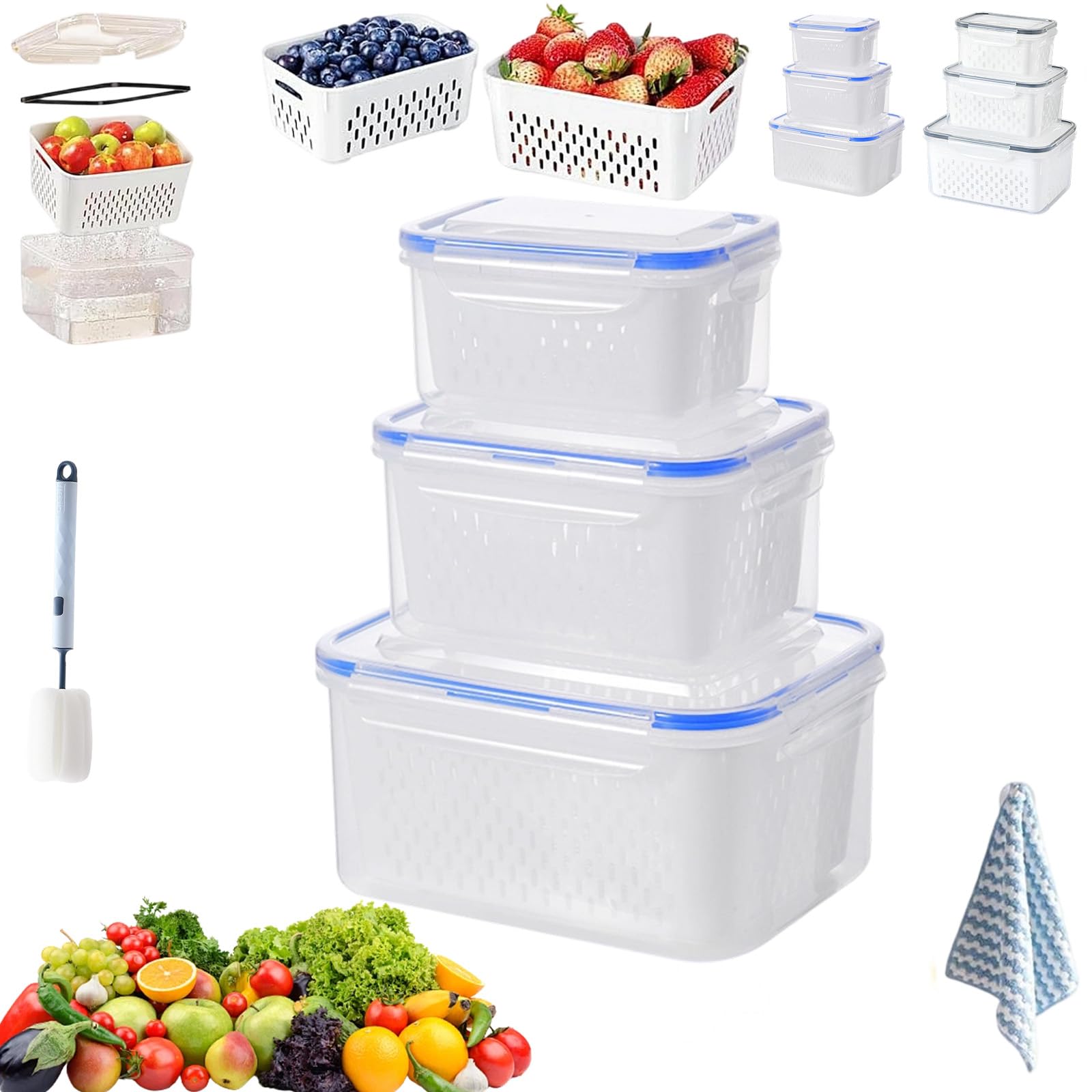 Pnedeodm 3Pcs-Blue 4 In 1 Food Storage Container, Airtight Fruit And Vegetable Storage - Including Drain Basket, Household Transparent Plastic Storage Box With Removable Colander For Fridge (3Pcs-Blue)