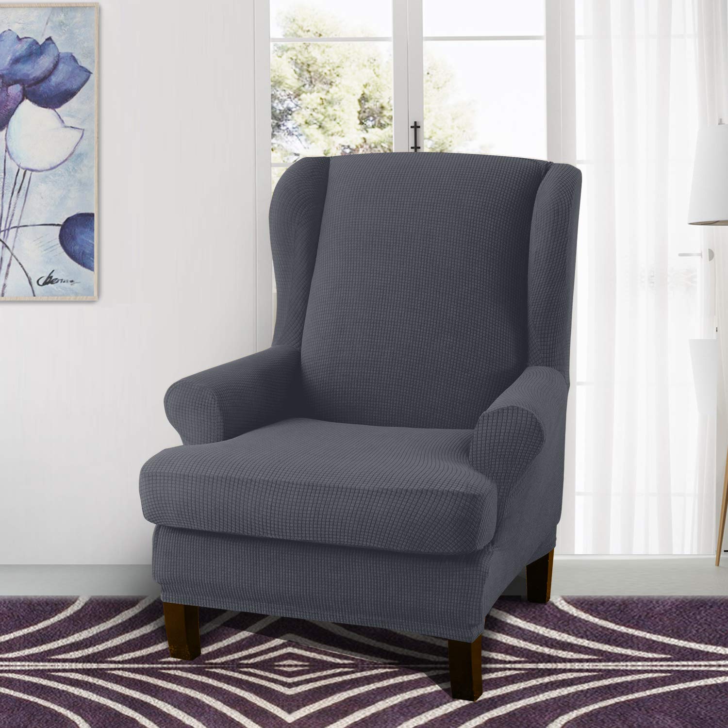 Granbest Premium Water Repellent Wingback Chair Cover 2-Piece High Stretch Jacquard Fabric Wing Back Chair Slipcovers (Wing Chair Cover, Gray)