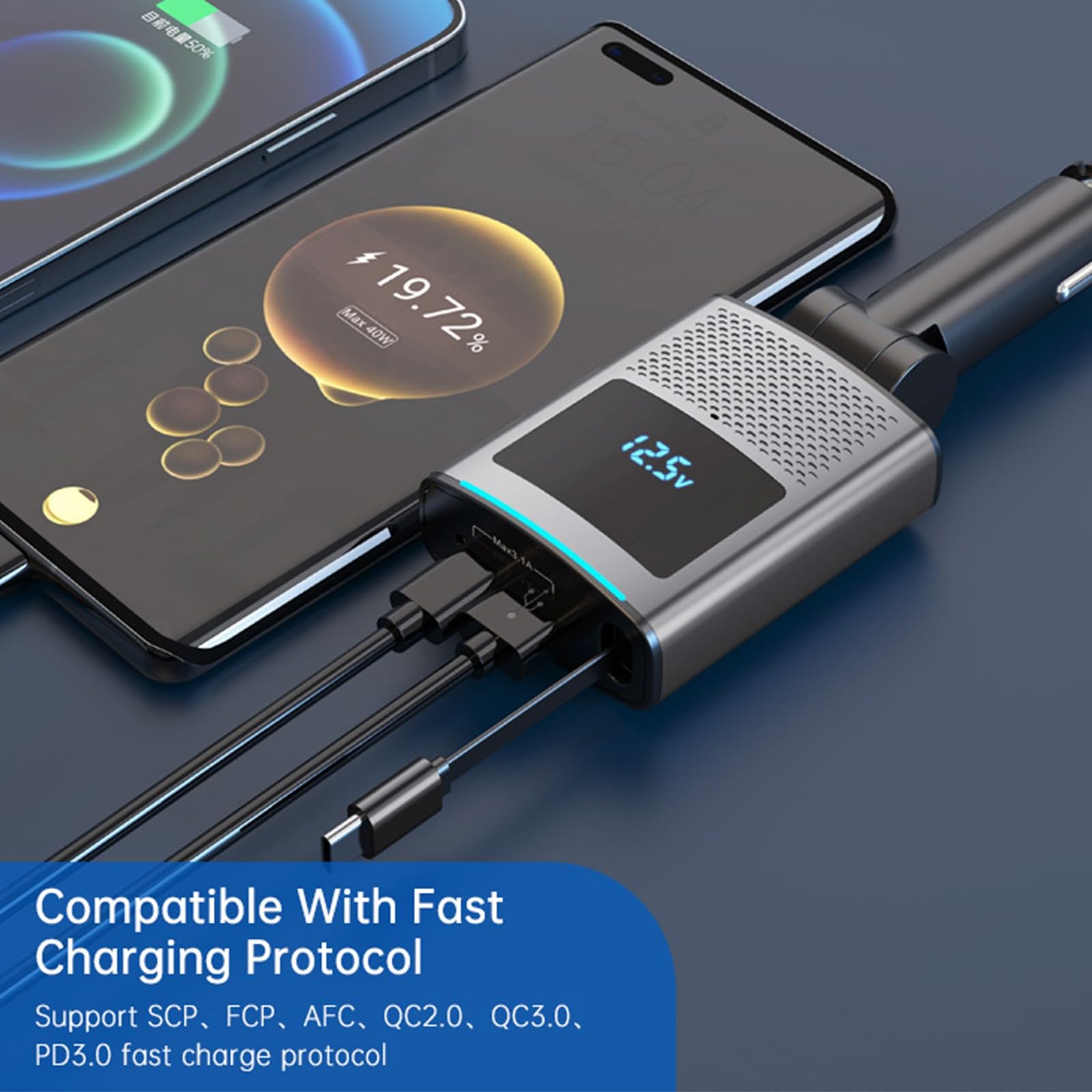 Caricabatterie da auto retrattile da 65 W 3 in 1 USB C Ricarica rapida Protezione di ricarica intelligente ABS per tutti i telefoni e sistemi operativi Telefoni Display elettrico Caricatore