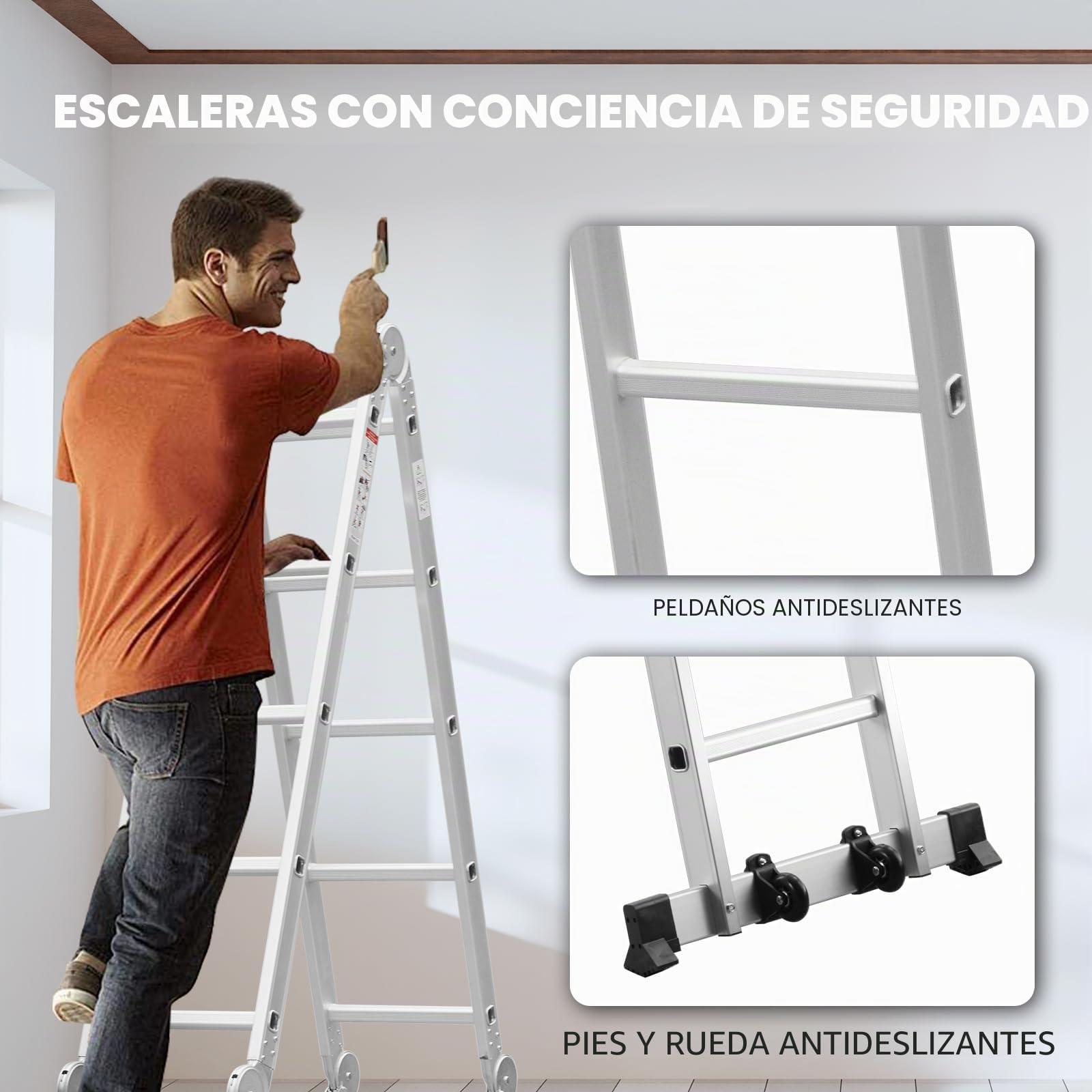 TEENO Escalera Multiusos 7 en 1, 4x5 Escalones 5.82 M de Aluminio, Escalera multifunción con 2 Plataformas y 2 Ruedas Rimovibili, 20 Peldaños, Carga Máxima de 150 kg, para Pintar, Techos, Jardín