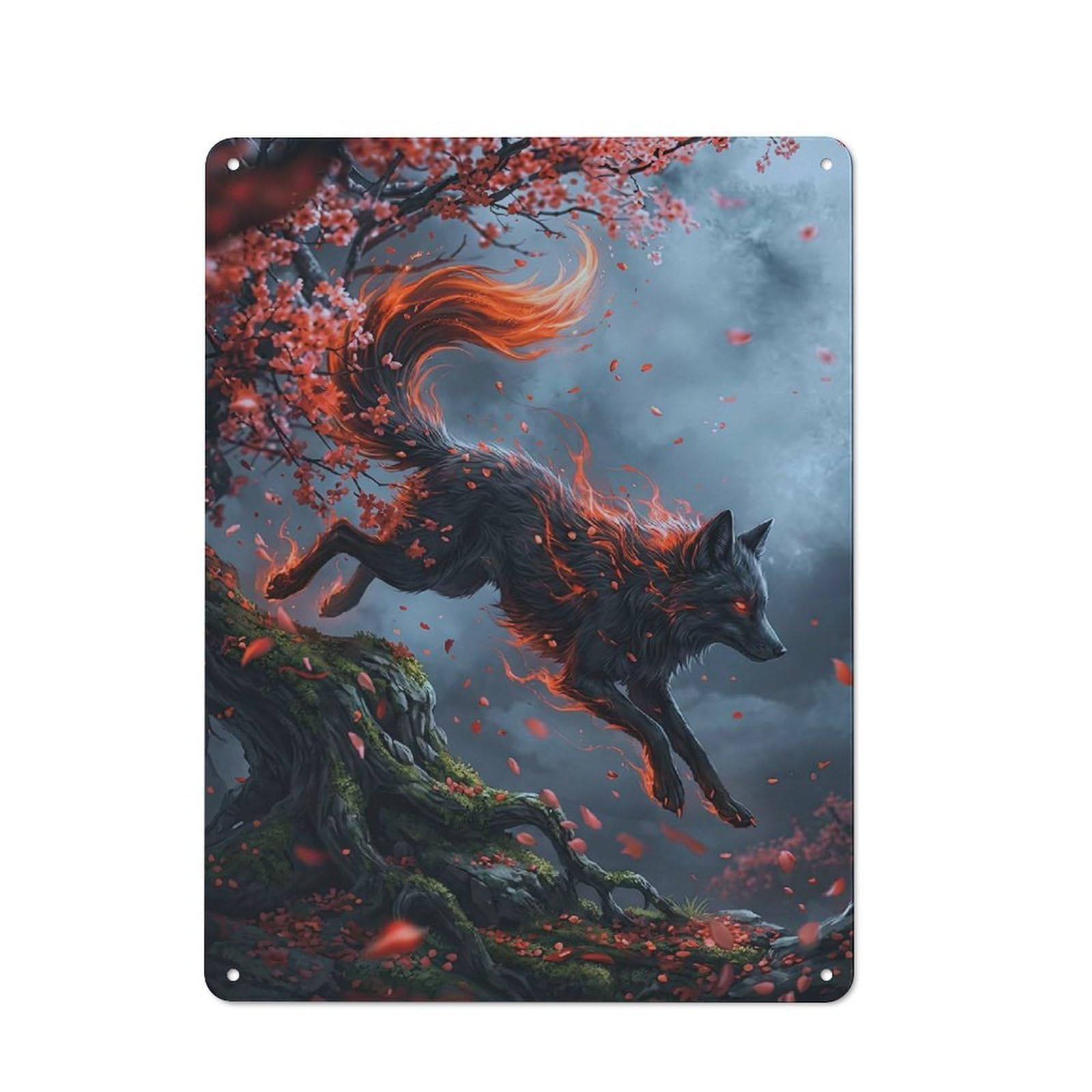 Junmoney Style-9 For Guest Room Or Hallway, Fiery Fox Leaping Through Cherry Blossoms Retro Metal Wall Sign 40X30cm, For Vintage Wall Decor Fans, For Metal Sign Collectors