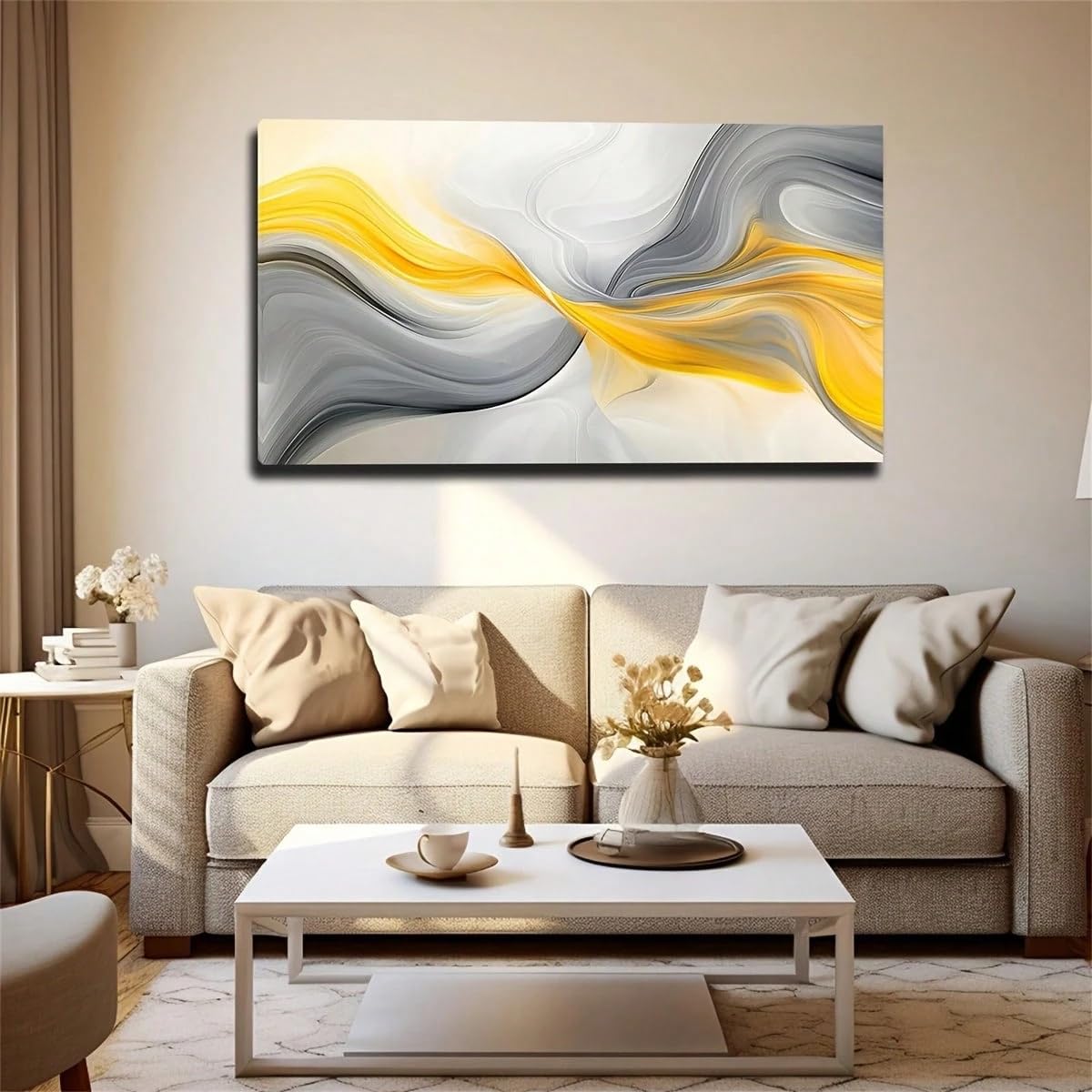 Póster abstracto para pared sobre lienzo, diseño entrelazado en tonos amarillos, grises y blancos que imitan la seda, ideal para sala de estar, dormitorio u oficina (20x40cm/marco interior).