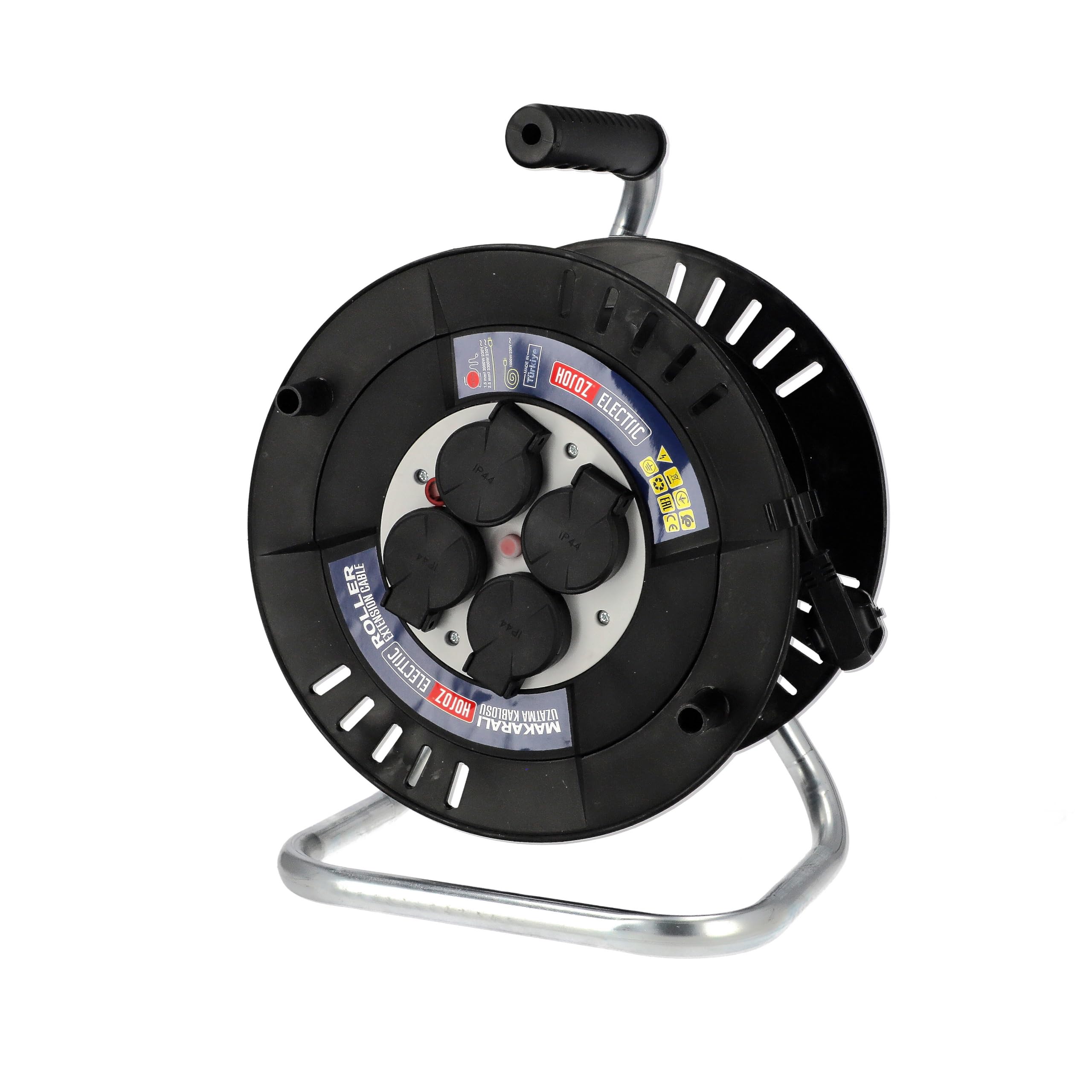 Enrouleur Électrique 20 m 4 Prises Type E avec Terre - Enrouleur Ménager et Rallonge Électrique 3×1,5 mm² 230V IP44 2000W - Enrouleur de Câble d'Exteriéur pour Jardin, Chantier, Garage- Horoz Electric