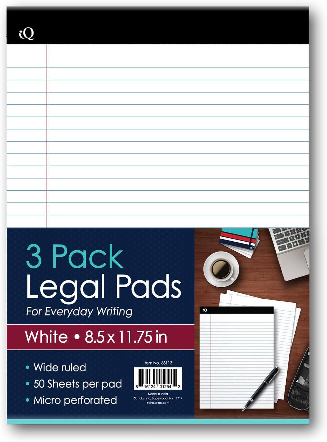 Mead Legal Pad Writing Pads, 3 Pack, Wide Ruled Paper, 81/2" x 113/4", 50 Sheets