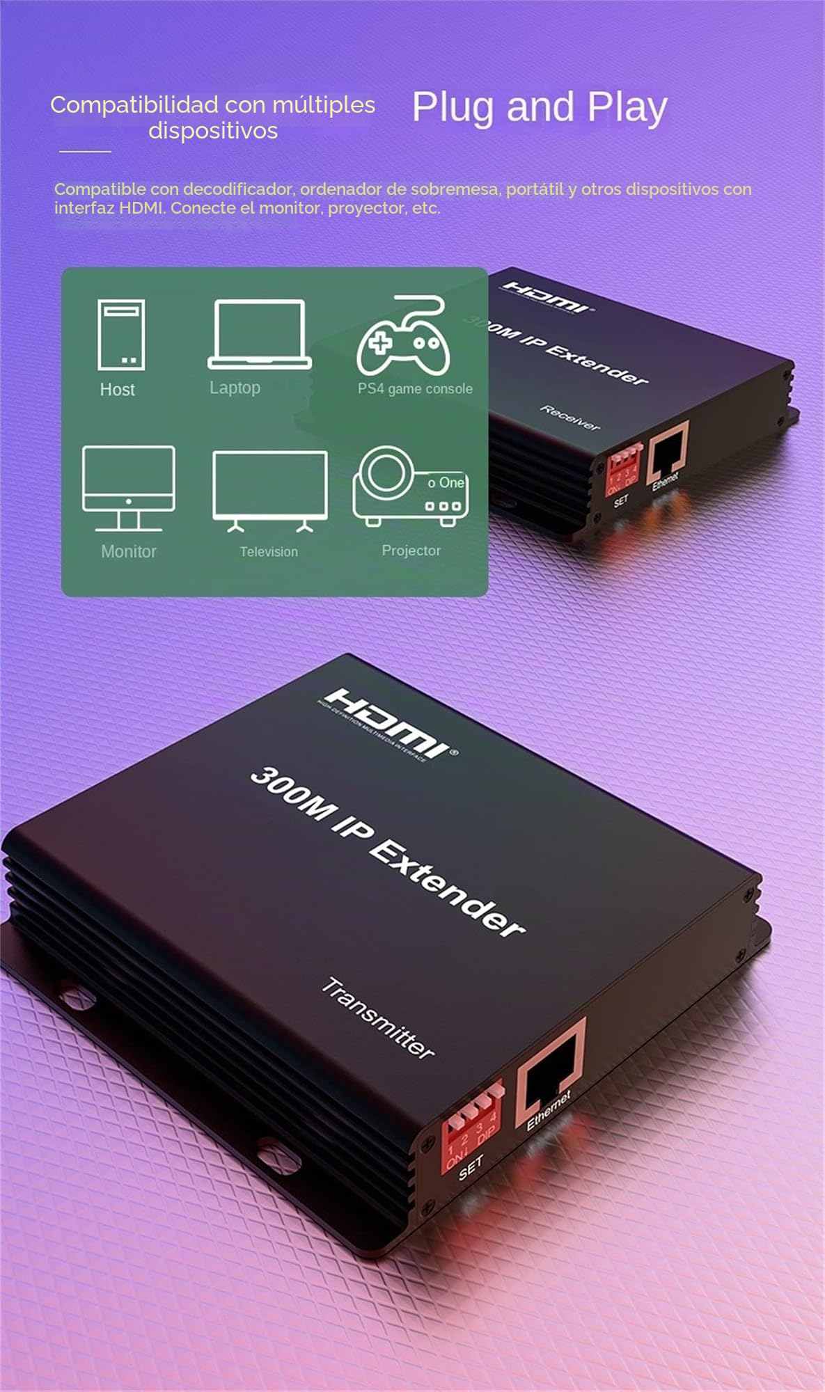 Extensor IP 300M, HDMI Extender over IP RJ45 Cat6 Cable 1080P HDMI to Ethernet Network Extender Support One TX to Many RX vía Network Switch (TX+RX)