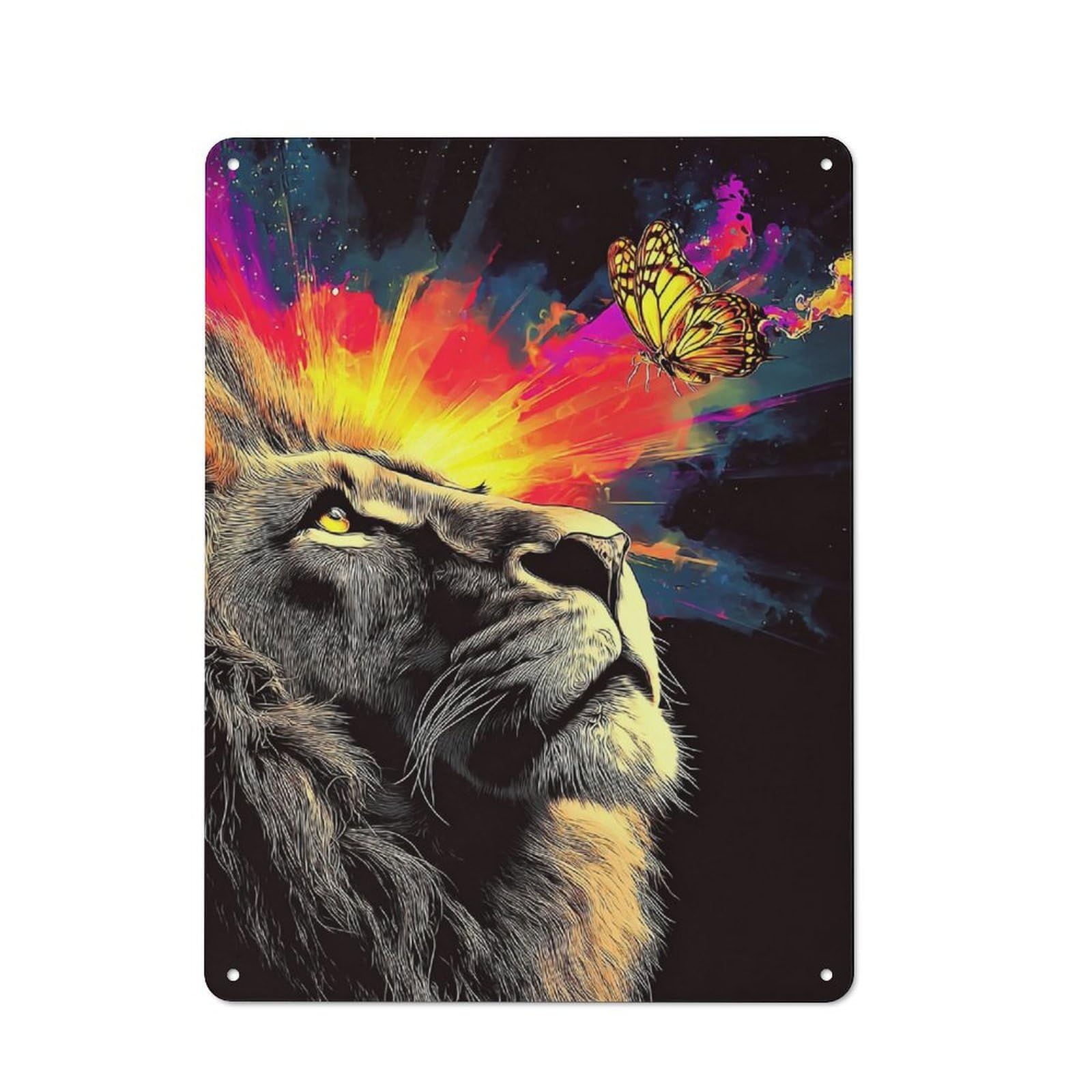 Junmoney Colorful Lion And Butterfly Artwork -1 Metal Wall Sign With Design 40X30cm, Loft Style Studio Wall Art For Flat, Bar, Studio Or Gallery Wall