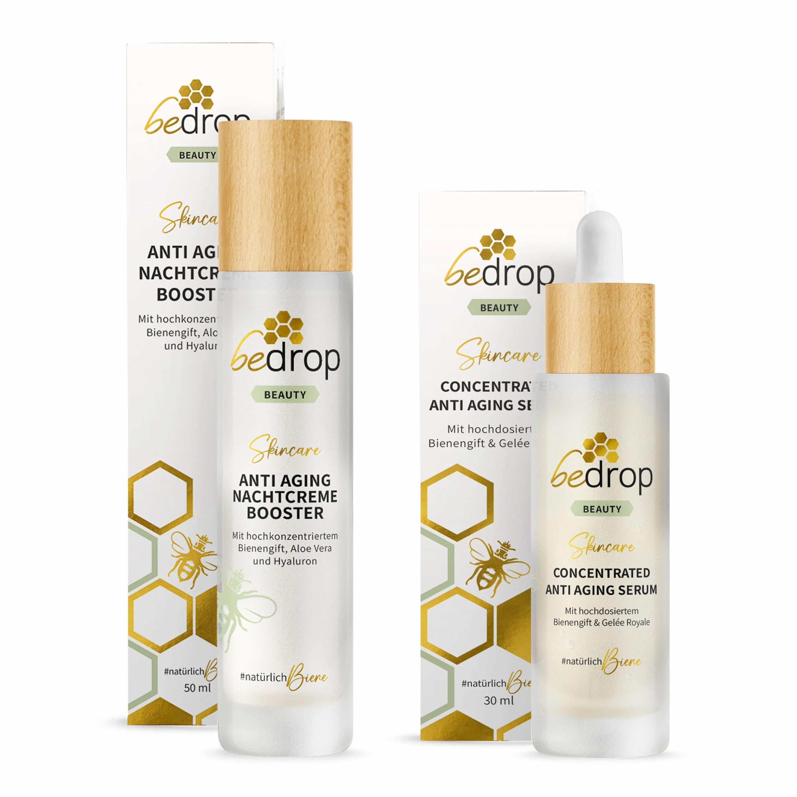 bedrop Anti-Aging-Set Anti Aging Serum & Nachtcreme Booster mit Bienengift, Hyaluron & mehr zur Faltenminderung