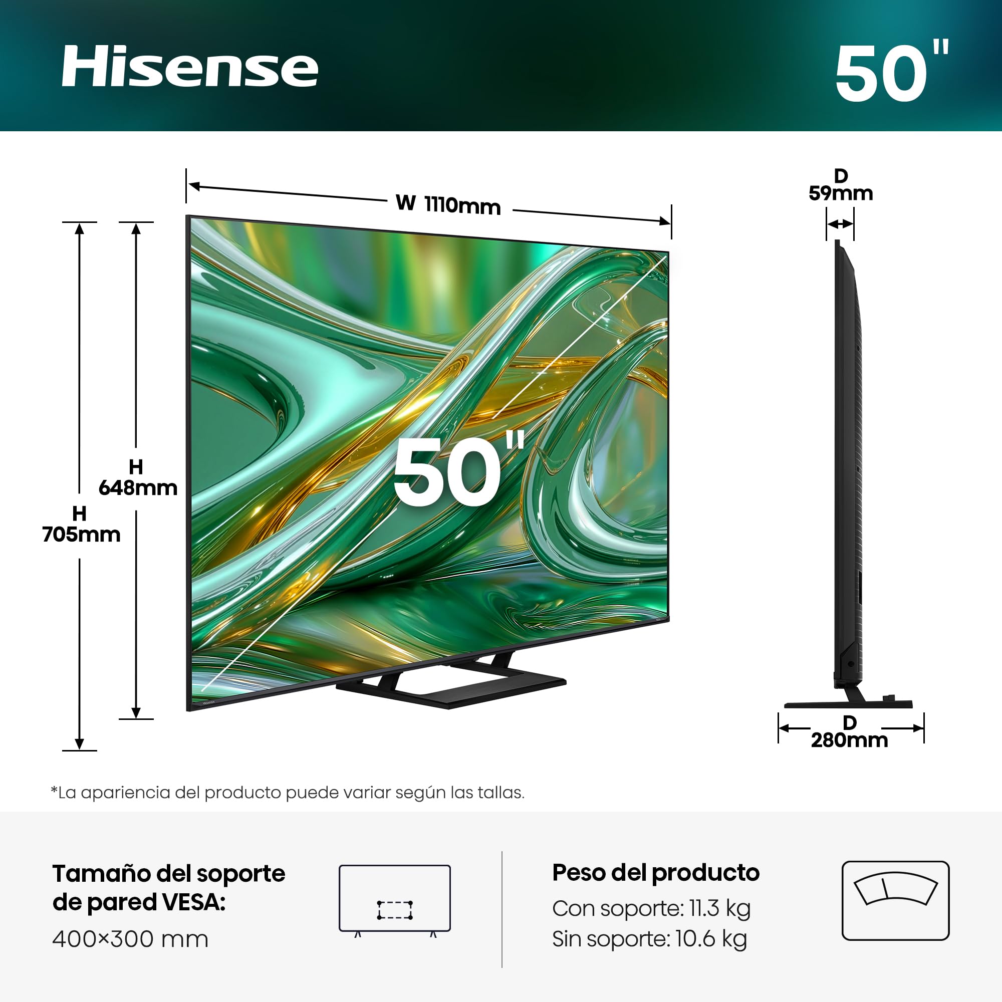 Hisense 50E8S - MiniLED Smart TV 50 Pulgadas, Hi-QLED MiniLED, Modo Juego 144 Hz Nativos, Subwoofer Integrado, Hi-View AI Engine, Total HDR Solution, Filmmaker Mode, Control por Manos Libres