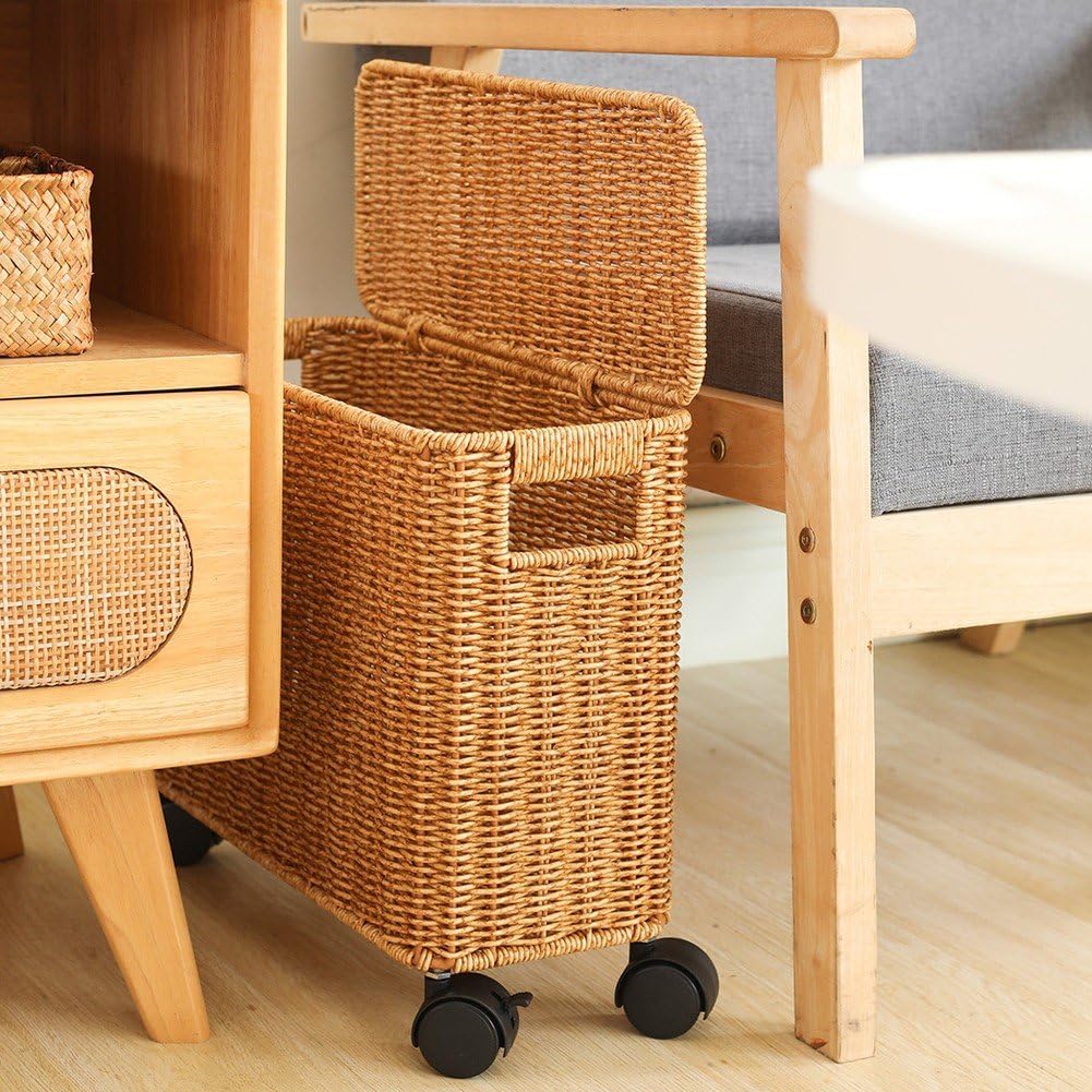 Baúl De Almacenamiento De Mimbre con Ruedas Y Tapa. Caja De Almacenamiento De Mimbre con Ruedas para Dormitorio Y Sala De Estar.