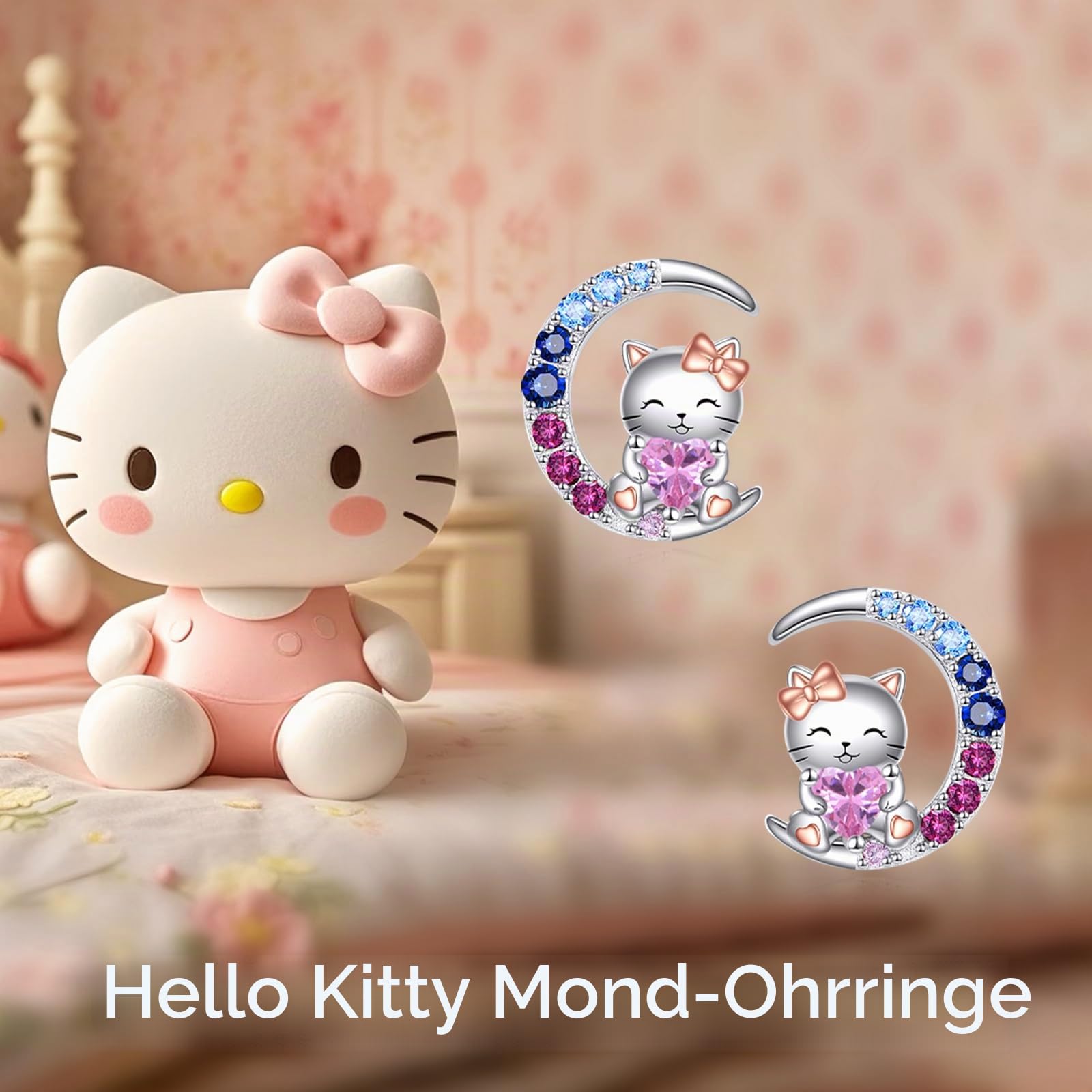VONALA Mond Mädchen Ohrringe Engel Katze Axolotl Hochlandkuh Hase 925 Sterling Silber Taufe Kommunion Geschenk Schmuck mit Rosa Zirkonia für Damen Mädchen Kinder