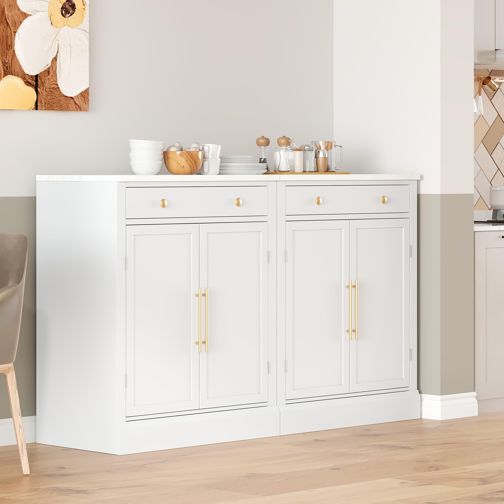 Modern Kitchen Pantry Storage Cabinet, Buffet Food Storage, Buffet Cabinet with 2 Adjustable Shelves and 2 Door Shelves, Set of 2