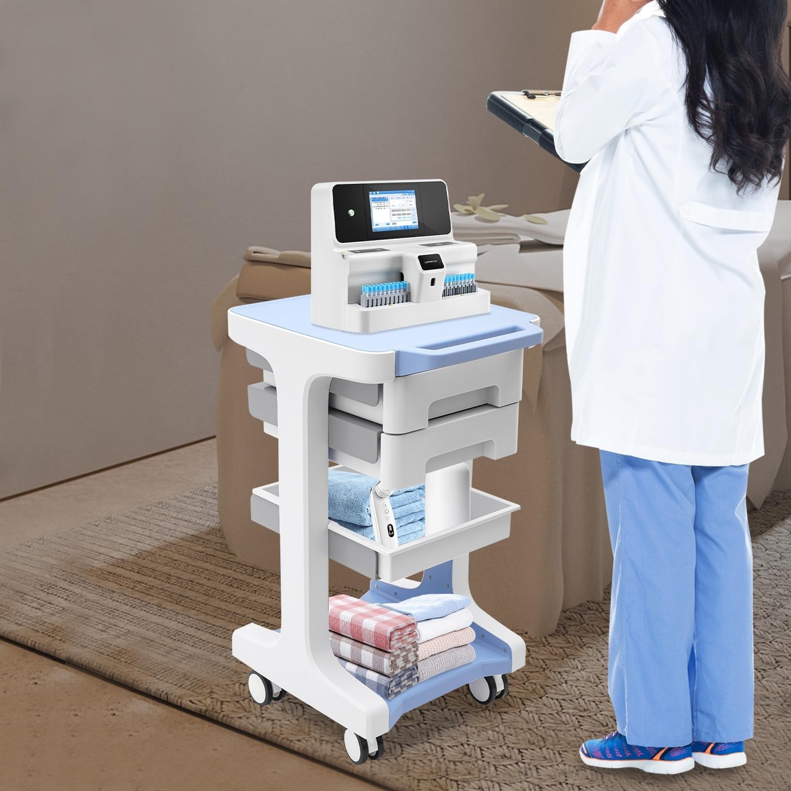 Carrito de 3 Niveles para Uso General, Carrito con Ruedas para salón de Belleza con 2 gabinetes de Almacenamiento y Ruedas, Carrito con Ruedas para Equipos médicos de Belleza(Blue)