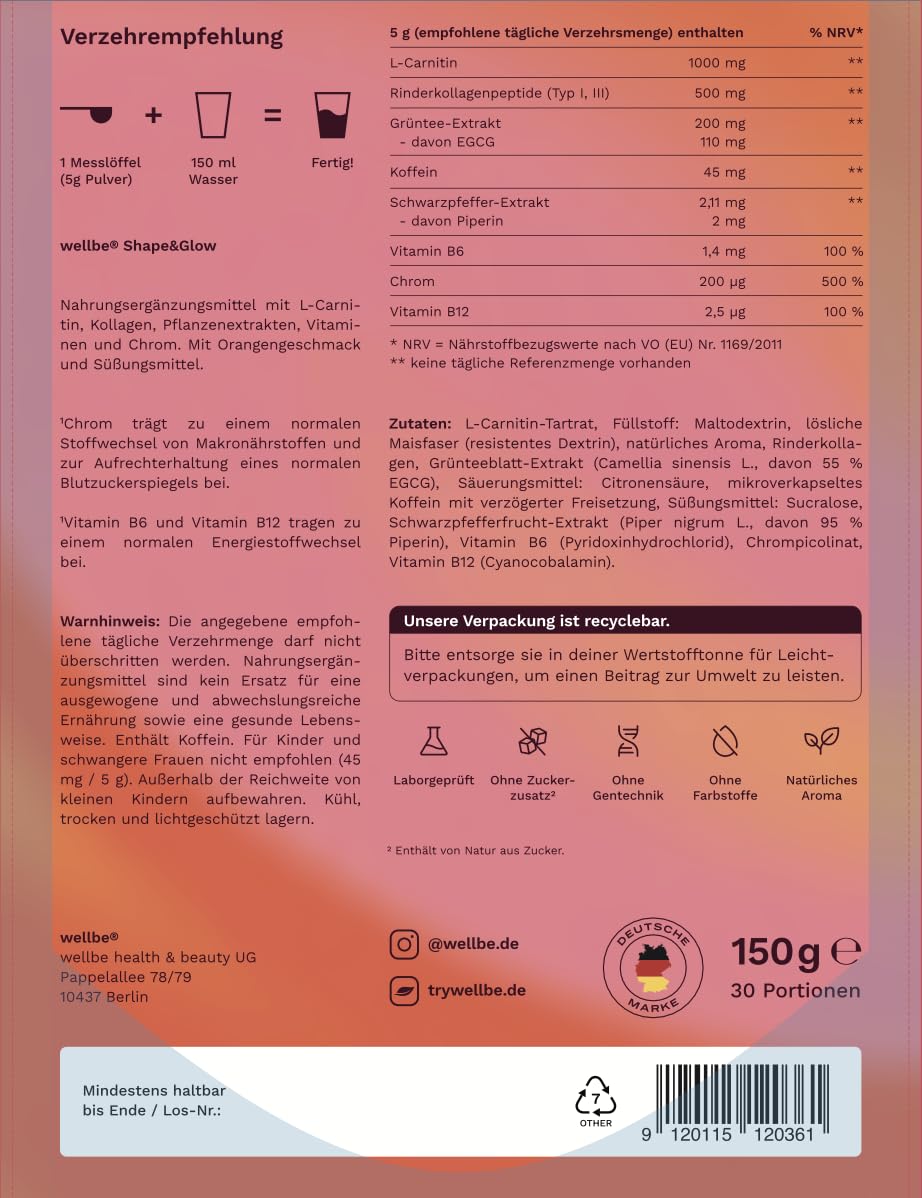 wellbe Shape & Glow™ Drink mit NewCaff™ Slow-Release Koffein, L-Carnitin, Grüntee-Extrakt (EGCG), Chrom, Kollagen, Vitamin B6 & B12 – Orange Citrus – 3er Pack