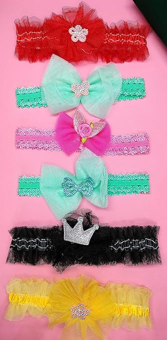 ANNACREATIONS Premium Glitter Soft Bow Multicolor Good Elastic Headband Hair Accessory for Baby Girls and Kids (Set Of 6)
