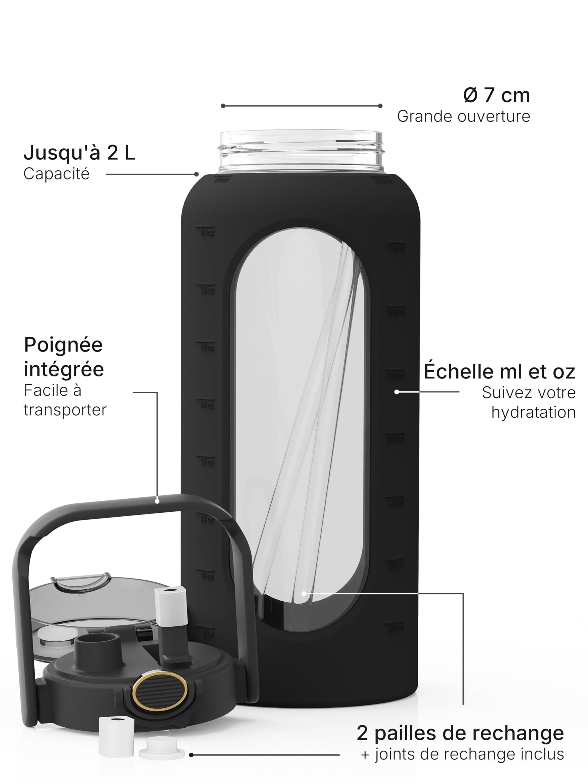 spottle Bouteille d’Eau en Verre 2 Litres avec Paille – Grande Gourde en Verre avec Housse en Silicone, Étanche, Sans BPA, Passe au Lave-Vaisselle