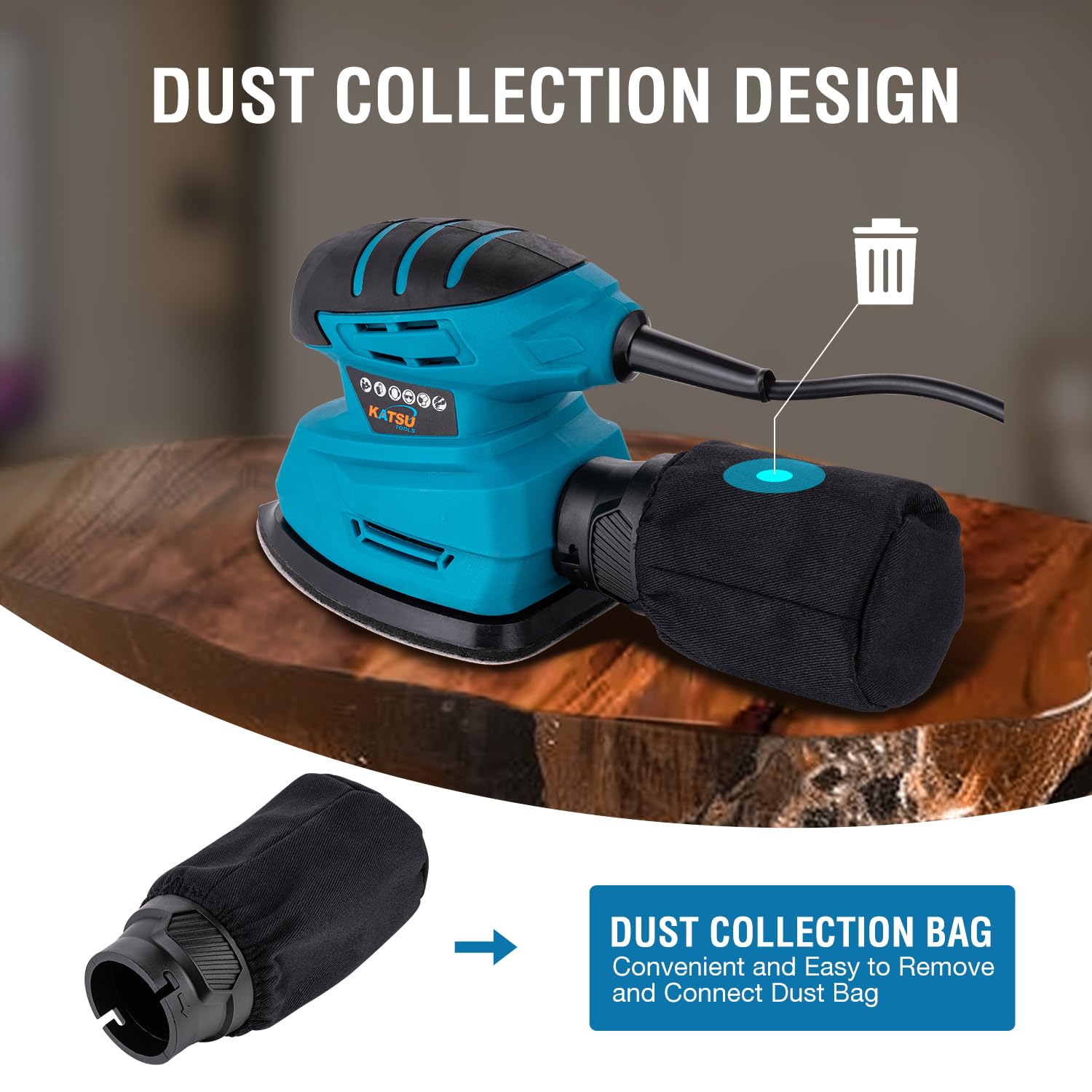 KATSU Tools Levigatrice di Precisione Elettrica 130W, con Aspirazione della Polvere e 10 Fogli Abrasivi, per Decorazione e Rifinitura Mobili (Economico)