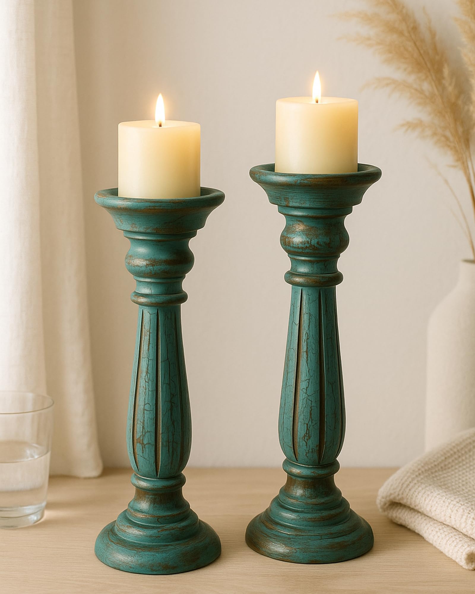 Homesake® Wooden Pillar Candle Stand, Hand Crafted Wood Candle Holders for Living Room, Table Centerpiece, Hallway Decor Polish, Turquoise (Set of 2)-image-42