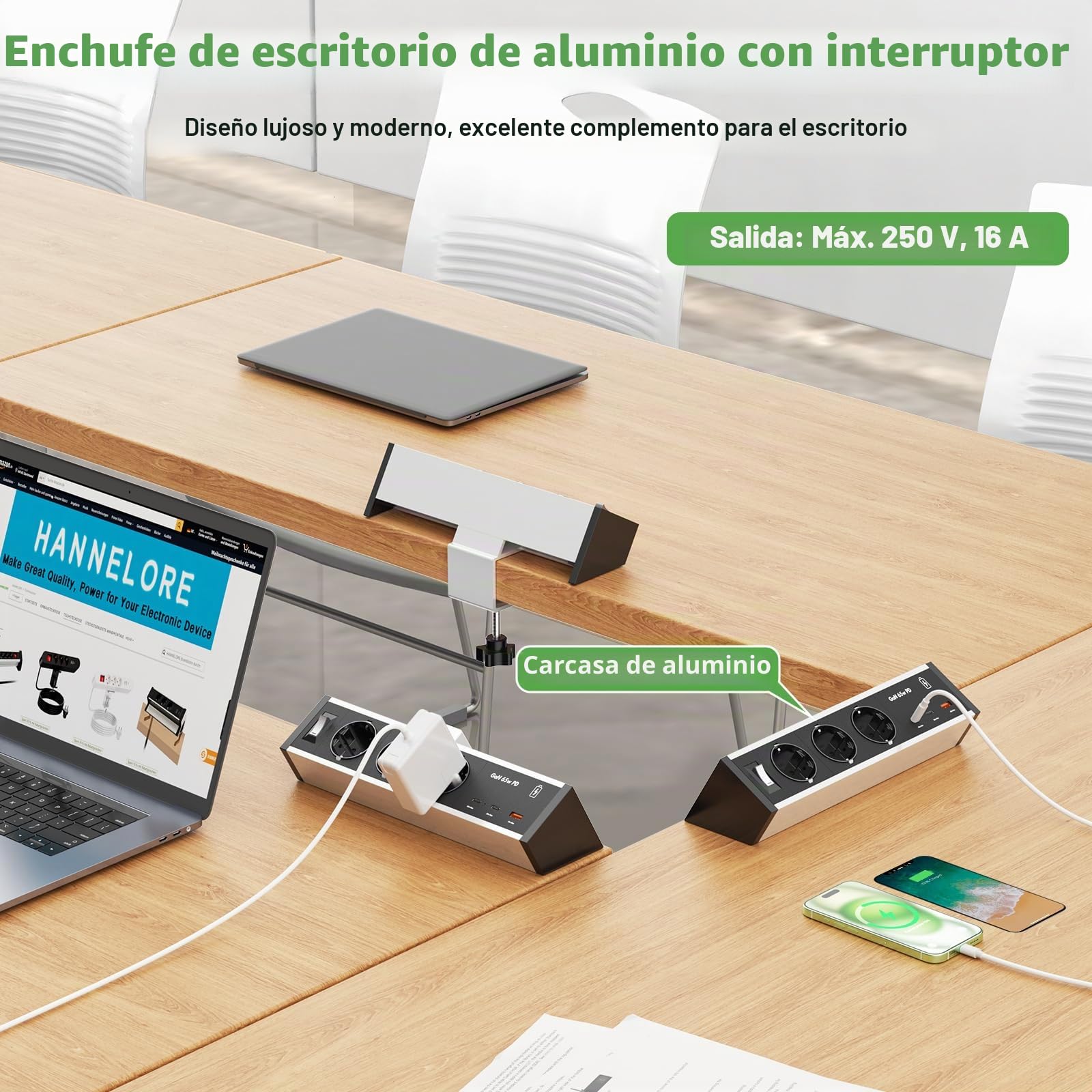 Enchufe de Mesa de Aluminio con 3 enchufes con 2 USB C GAN PD de 65 W y Cable de 3 m, regleta de enchufes para Escritorio con Interruptor, para casa, Oficina, Color Plateado y Negro
