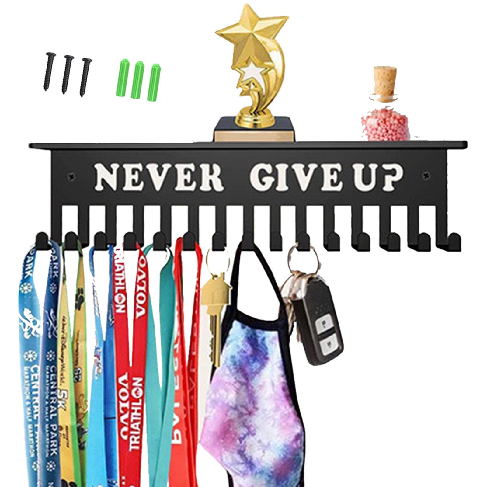TediousNever Give Up Medals Hanger Display with Shelf | Trophies and Medals for Awards for Kids and Adults | Karate Belt Display Rack | Gymnastics, Wrestling and Running Medals Holder for Wall