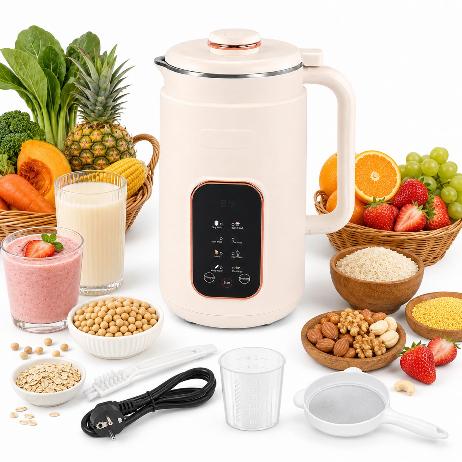 Maszyna do mleka orzechowego 1200 ml, urządzenie do przygotowania mleka roślinnego z 8 programami | stal nierdzewna 304, 12 ostrzy, timer 24 h, utrzymywanie ciepła, samoczyszczenie, cicha praca, panel dotykowy