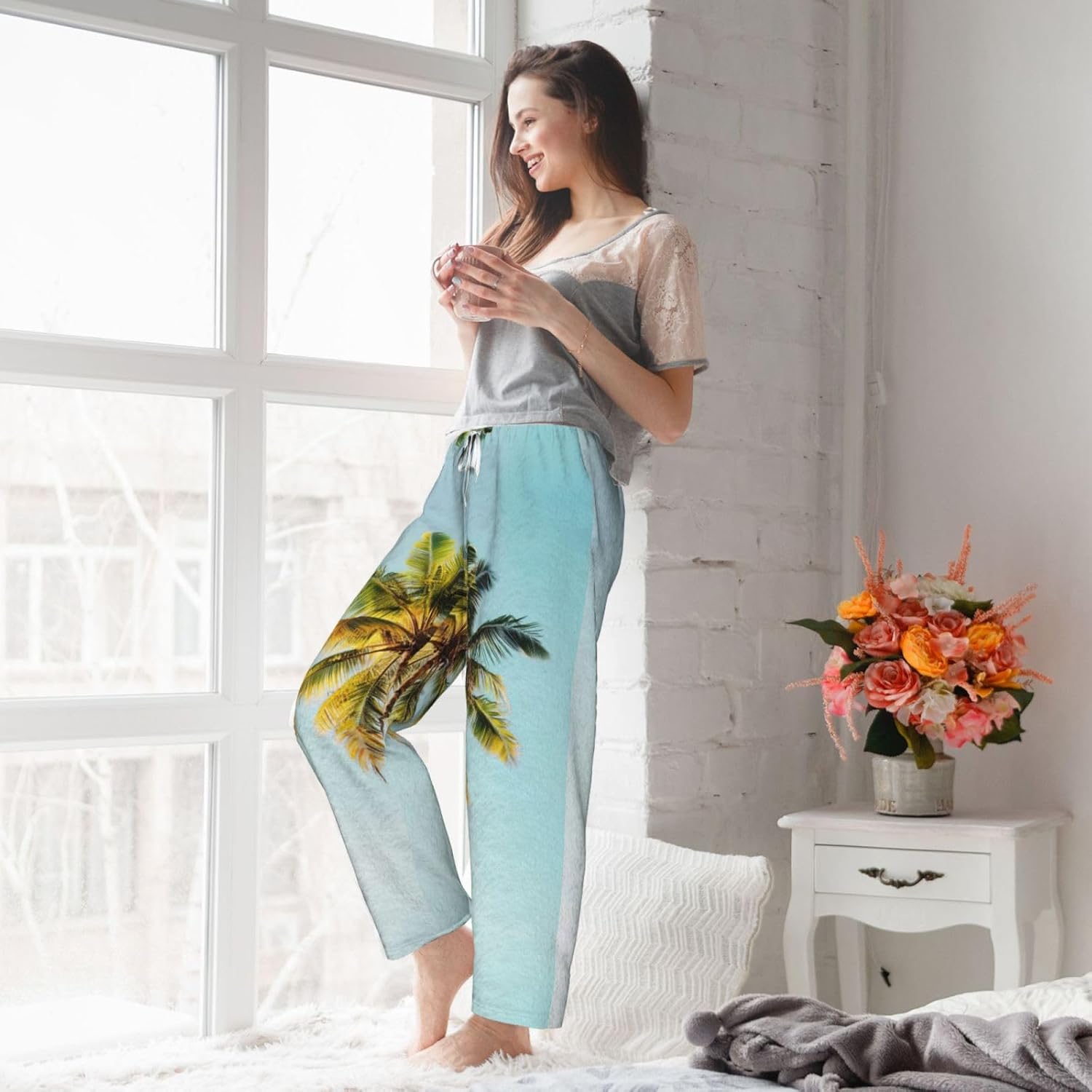 Palm Tree Print Cozy Christmas Pajama Pants,Flannel Pajama Bottoms,Cater To Various Body Types