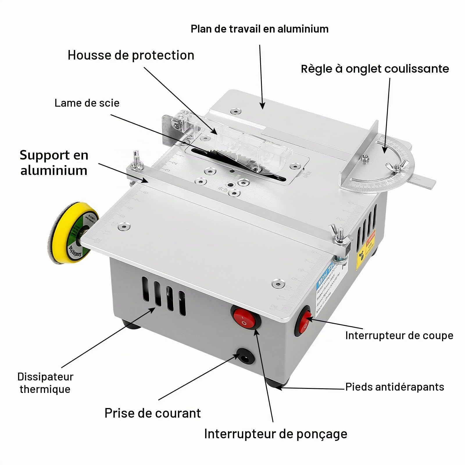 Mini scie circulaire de table avec ponceuse à bande, scie de table réglable, portable précision avec 4 lames et rabat de sécurité, lame de scie de 0,1 à 20 mm