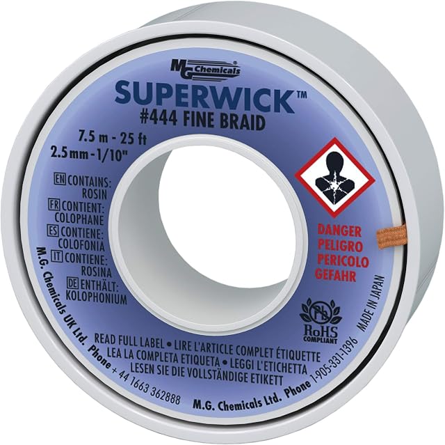 MG Chemicals Desoldering Braid #4 Fine Braid Super Wick with RMA Flux, 25' Length x 0.1" Width, Blue
