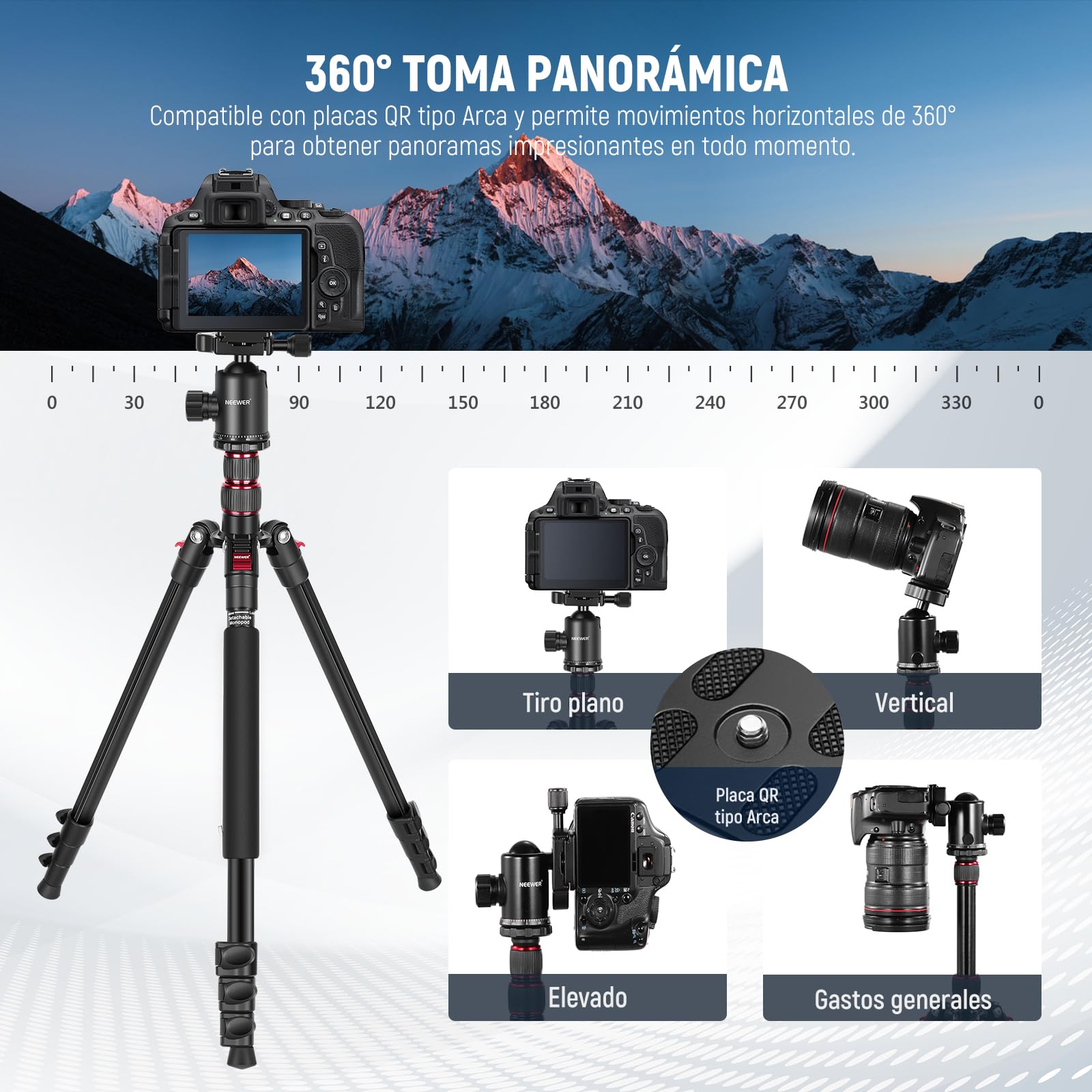 NEEWER 77"/197cm Trípode Monopod de Cámara para DSLR, Teléfono, con Cabeza de Bola Panorámica de 360°, Columna Central de 2 Ejes, Arca Tipo QR Placa, Aluminio Ligero Trípode de Viaje, Máx Carga 15,4kg