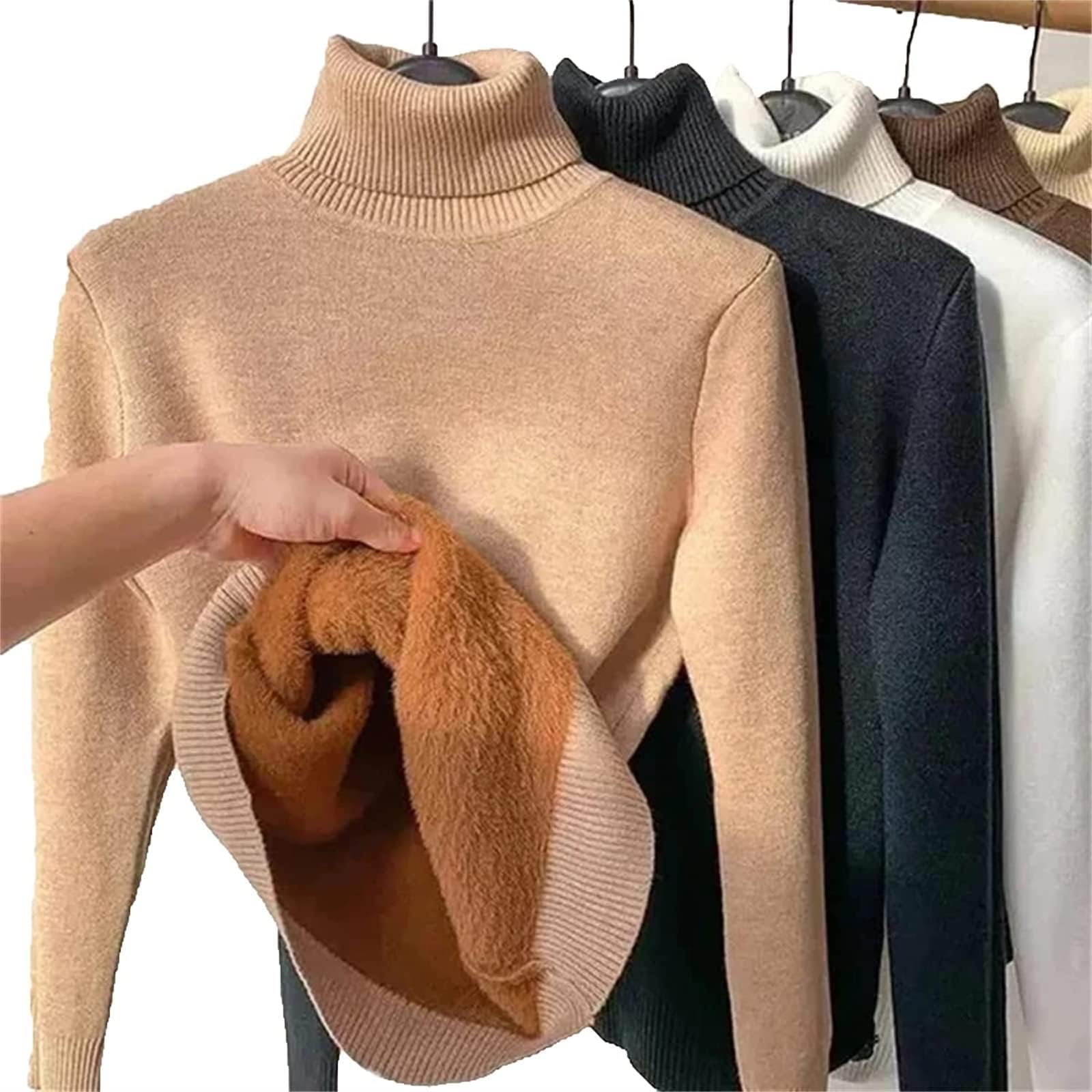 JOCCOS Winter Fleece Thick Knitted Bottoming Shirt, Women Casual Thick Turtleneck Sweater Soft Thermal Slim Bottoming Sweater (Khaki,L(53-58kg))