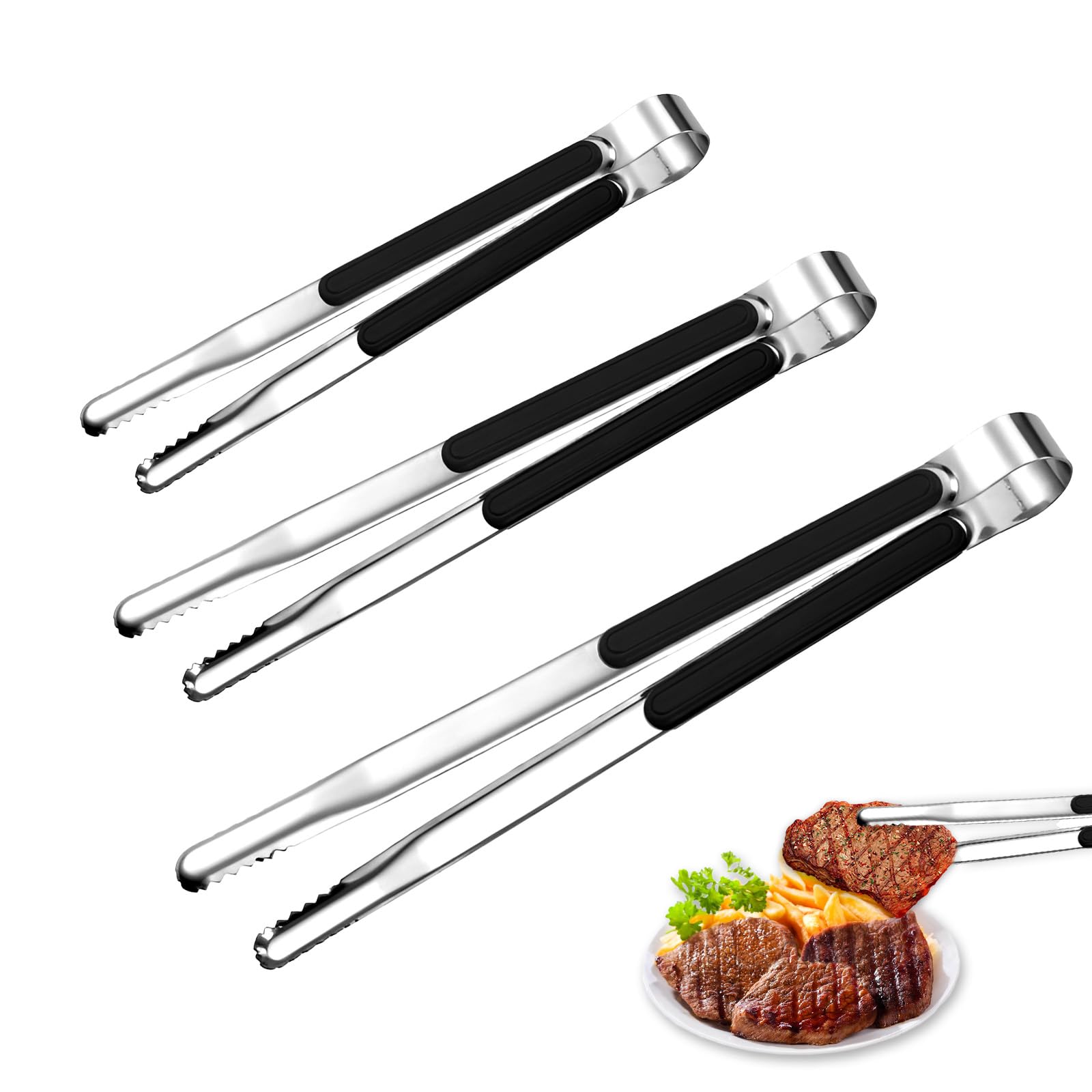 Juego de 3 pinzas de cocina de acero inoxidable para cocinar, 3 pinzas de metal (9, 10 y 12 pulgadas), pinzas para servir con agarre cómodo antideslizante para barbacoa, ensalada y parrilla